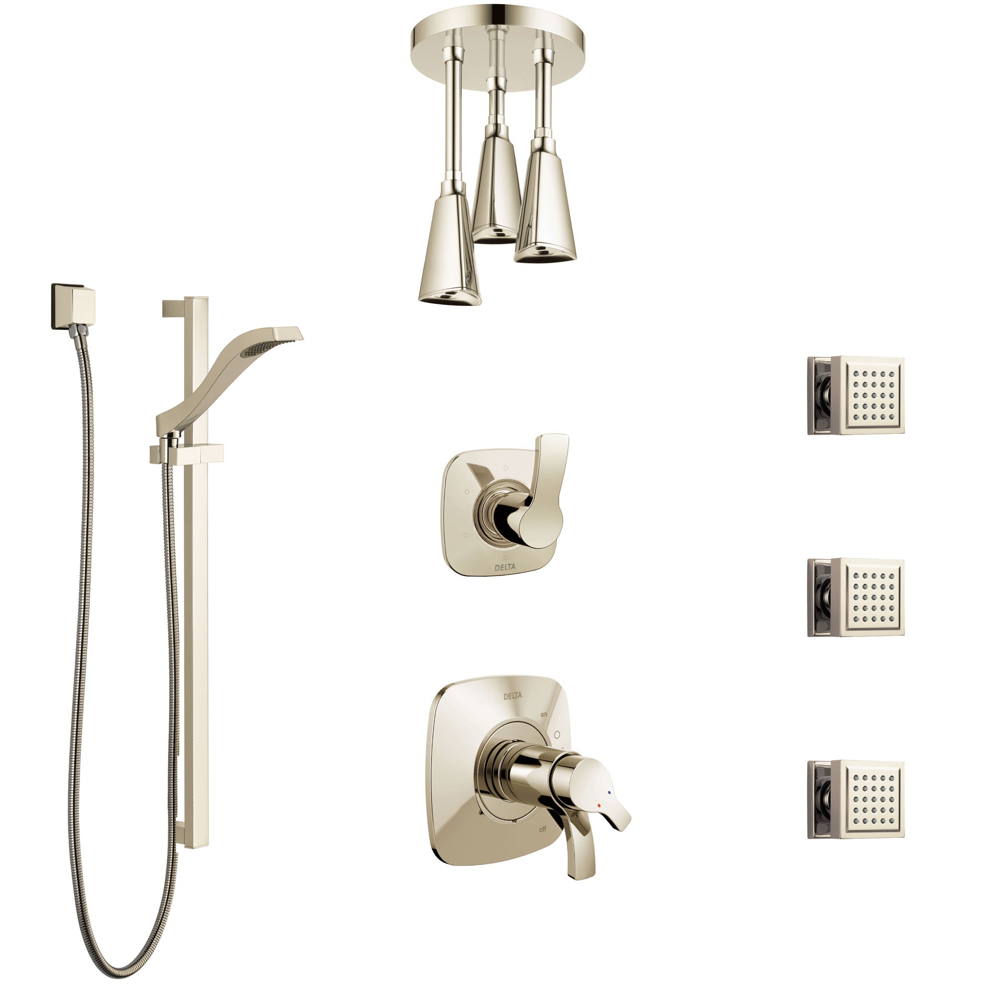 Delta Tesla Polished Nickel Shower System with Dual Thermostatic Control, Diverter, Ceiling Showerhead, 3 Body Sprays, and Hand Shower SS17T521PN6