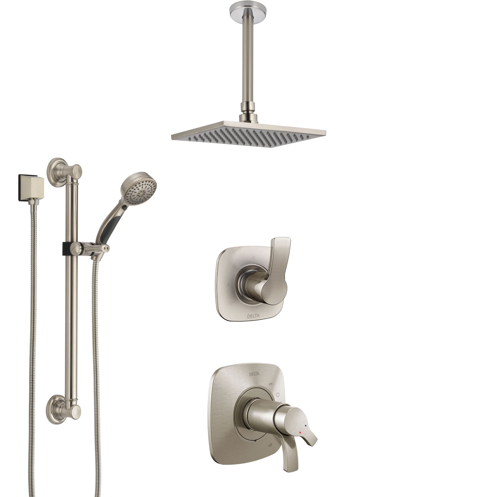 Delta Tesla Dual Thermostatic Control Stainless Steel Finish Shower System, Diverter, Ceiling Mount Showerhead, and Grab Bar Hand Shower SS17T522SS1