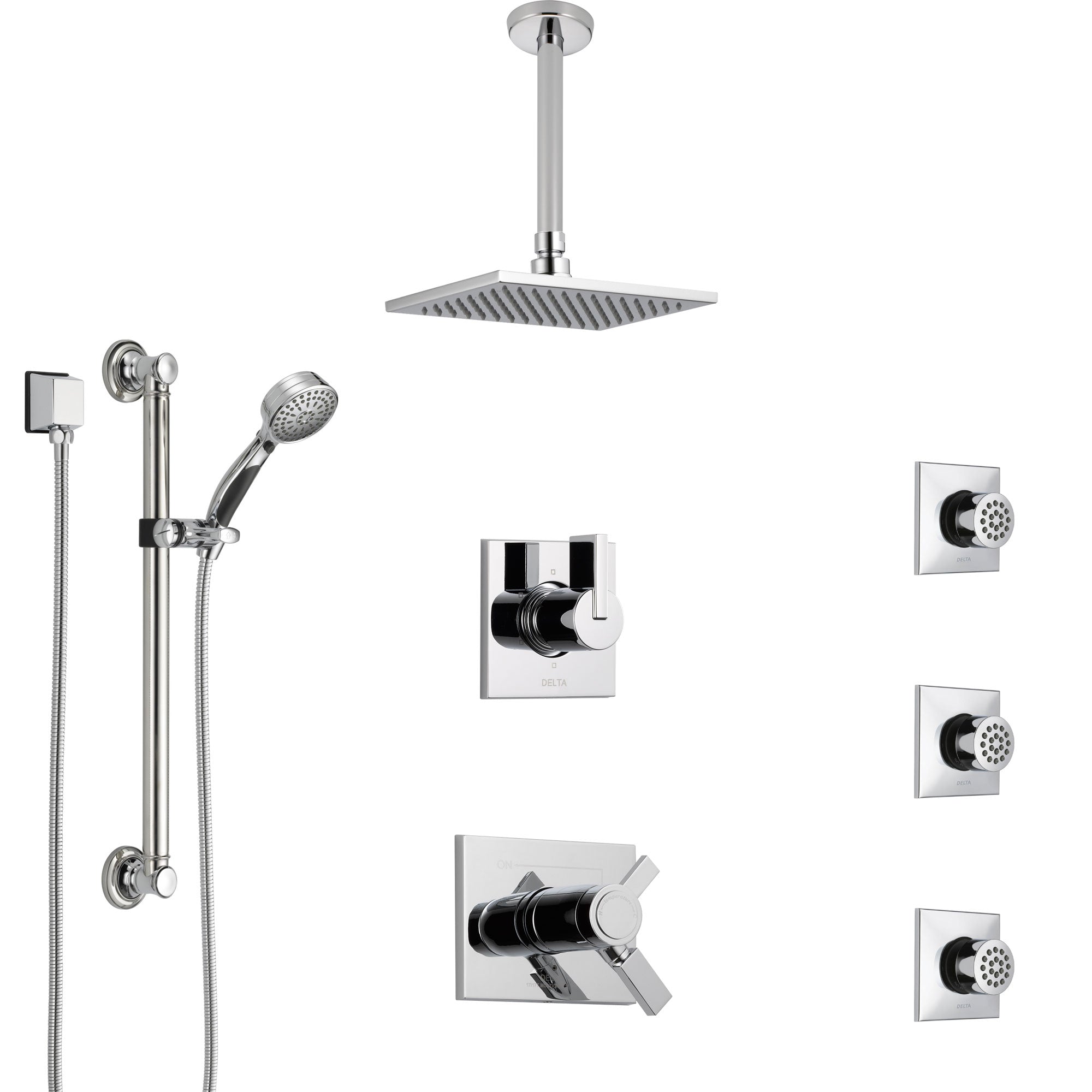 Delta Vero Chrome Shower System with Dual Thermostatic Control, Diverter, Ceiling Mount Showerhead, 3 Body Sprays, and Grab Bar Hand Shower SS17T5321