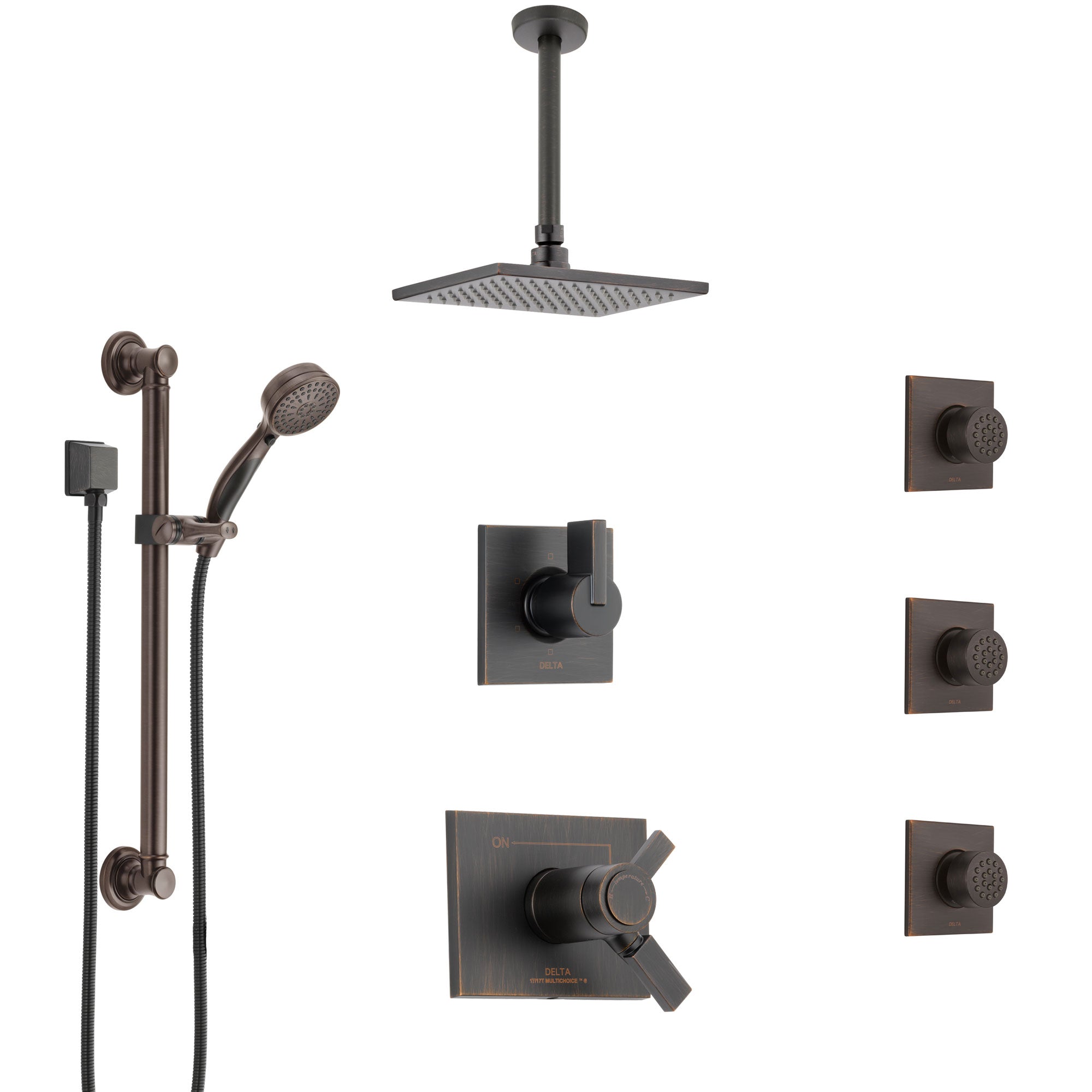 Delta Vero Venetian Bronze Dual Thermostatic Control Shower System, Diverter, Ceiling Showerhead, 3 Body Sprays, and Grab Bar Hand Spray SS17T532RB1