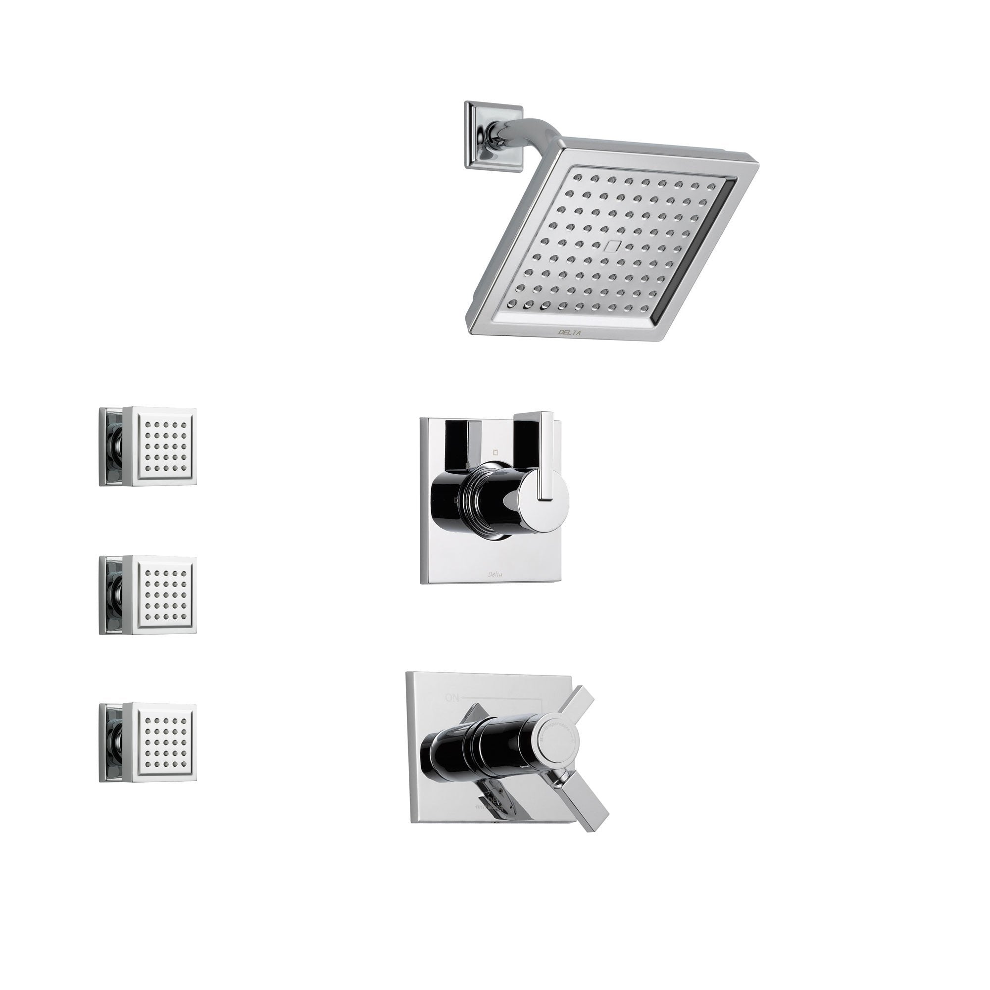 Delta Vero Chrome Shower System with Thermostatic Shower Handle, 3-setting Diverter, Modern Square Showerhead, and 3 Square Body Sprays SS17T5382