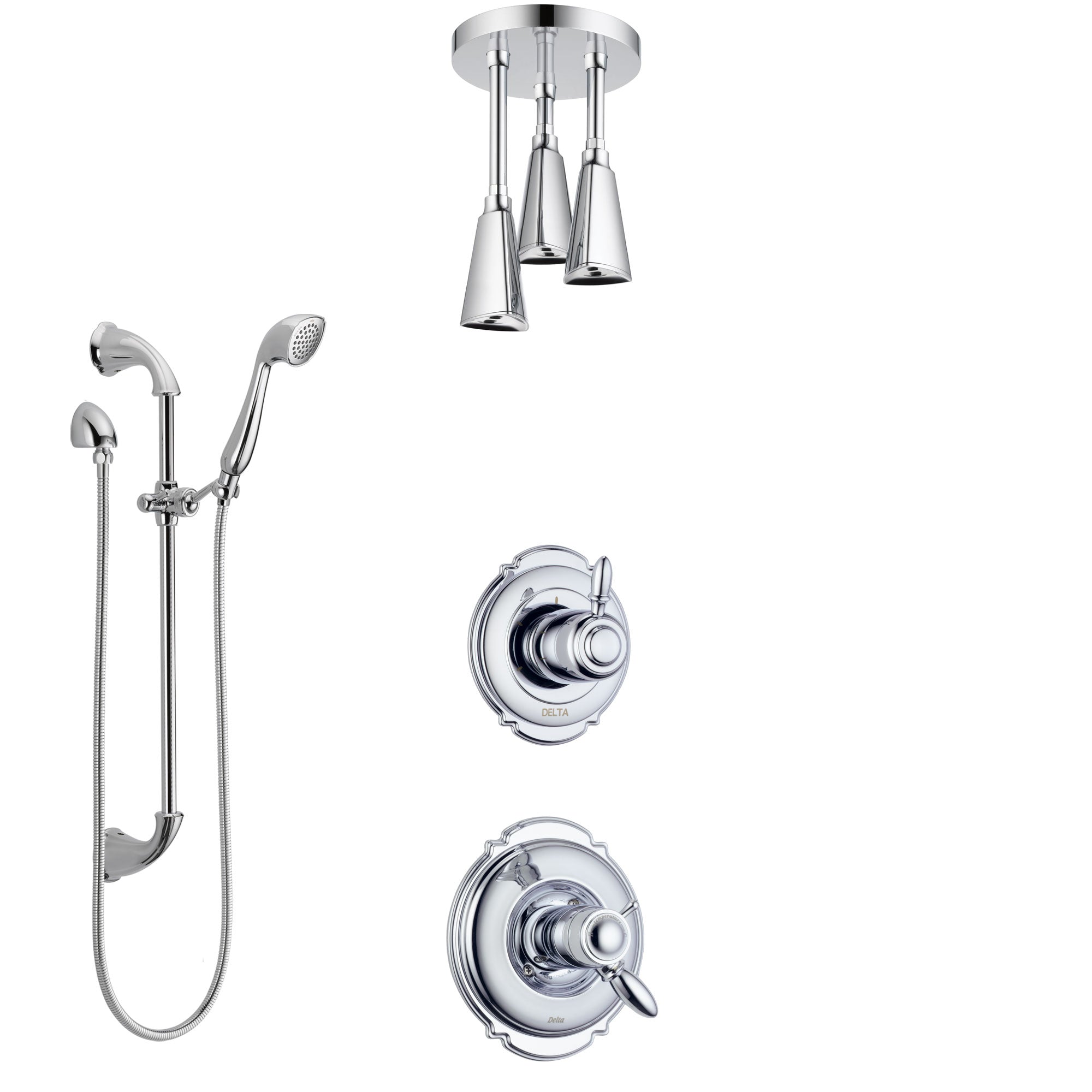 Delta Victorian Chrome Finish Shower System with Dual Thermostatic Control Handle, Diverter, Ceiling Mount Showerhead, and Hand Shower SS17T5515