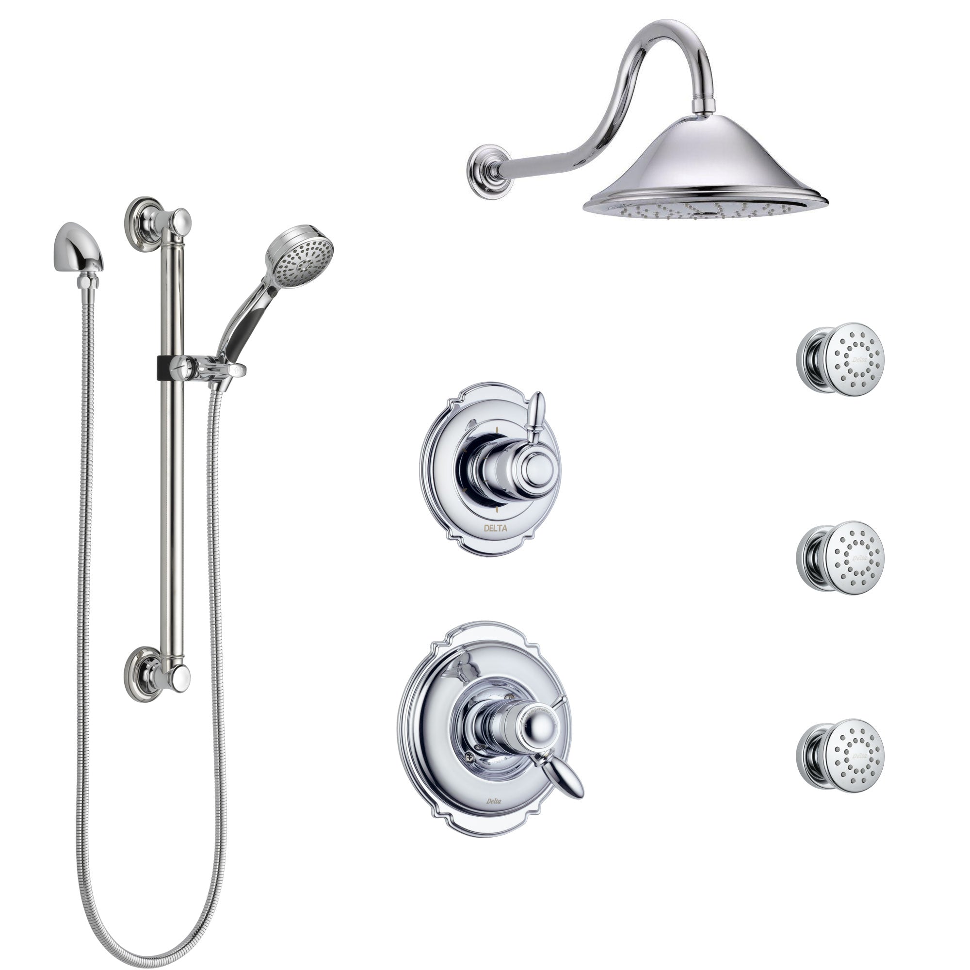 Delta Victorian Chrome Shower System with Dual Thermostatic Control, Diverter, Showerhead, 3 Body Sprays, and Hand Shower with Grab Bar SS17T5521