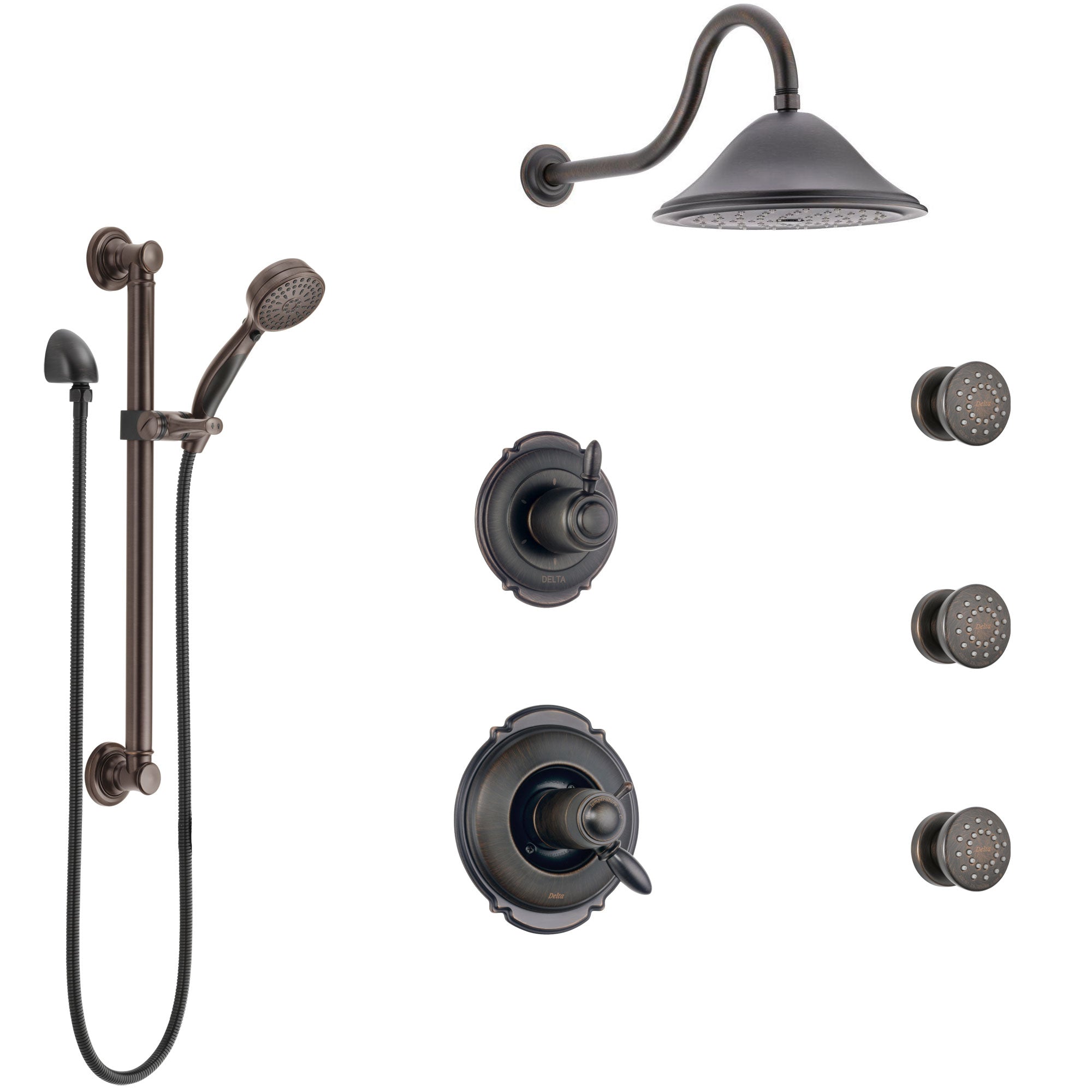 Delta Victorian Venetian Bronze Shower System with Dual Thermostatic Control, Diverter, Showerhead, 3 Body Sprays, and Grab Bar Hand Spray SS17T552RB2