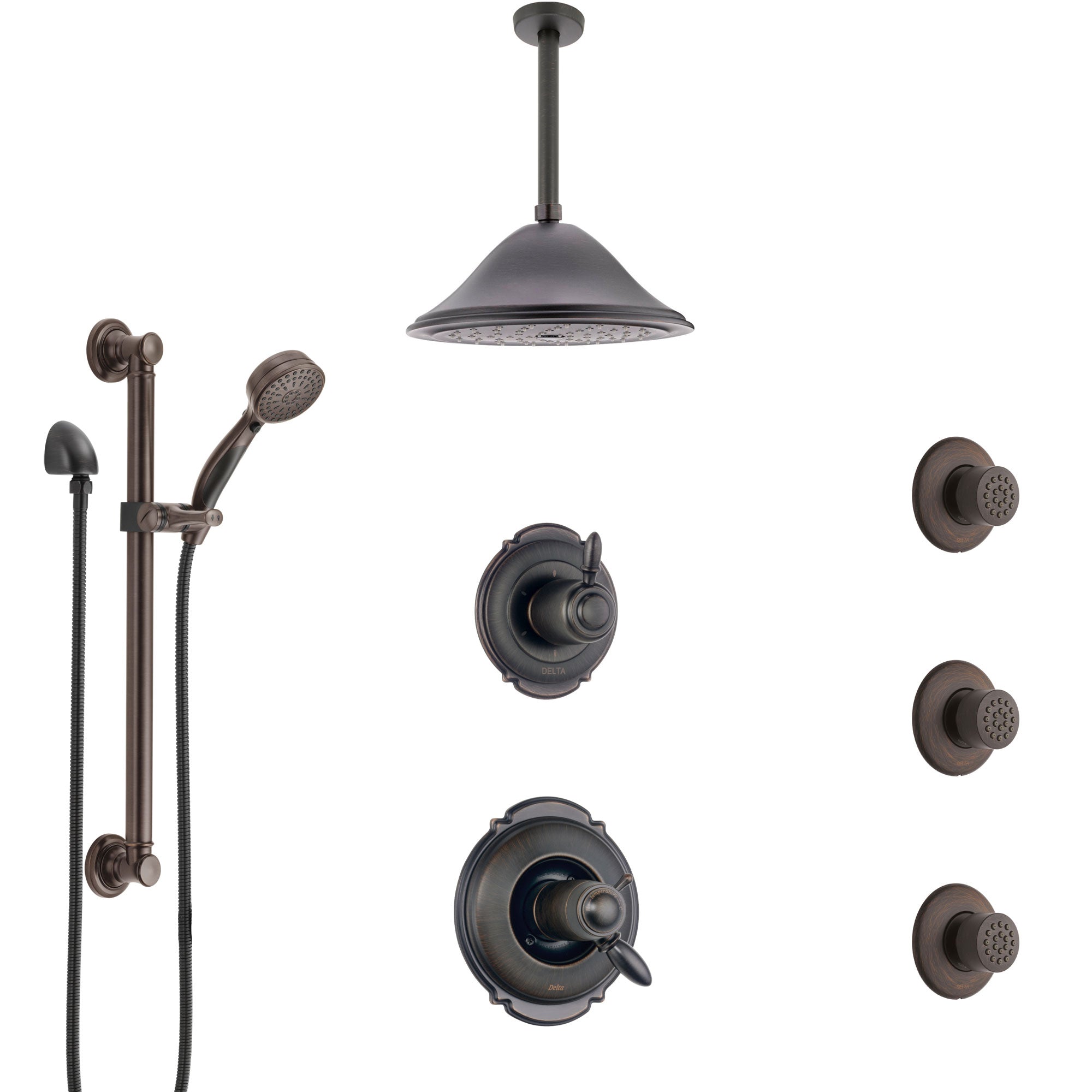 Delta Victorian Venetian Bronze Dual Thermostatic Control Shower System, Diverter, Ceiling Showerhead, 3 Body Sprays, Grab Bar Hand Spray SS17T552RB4