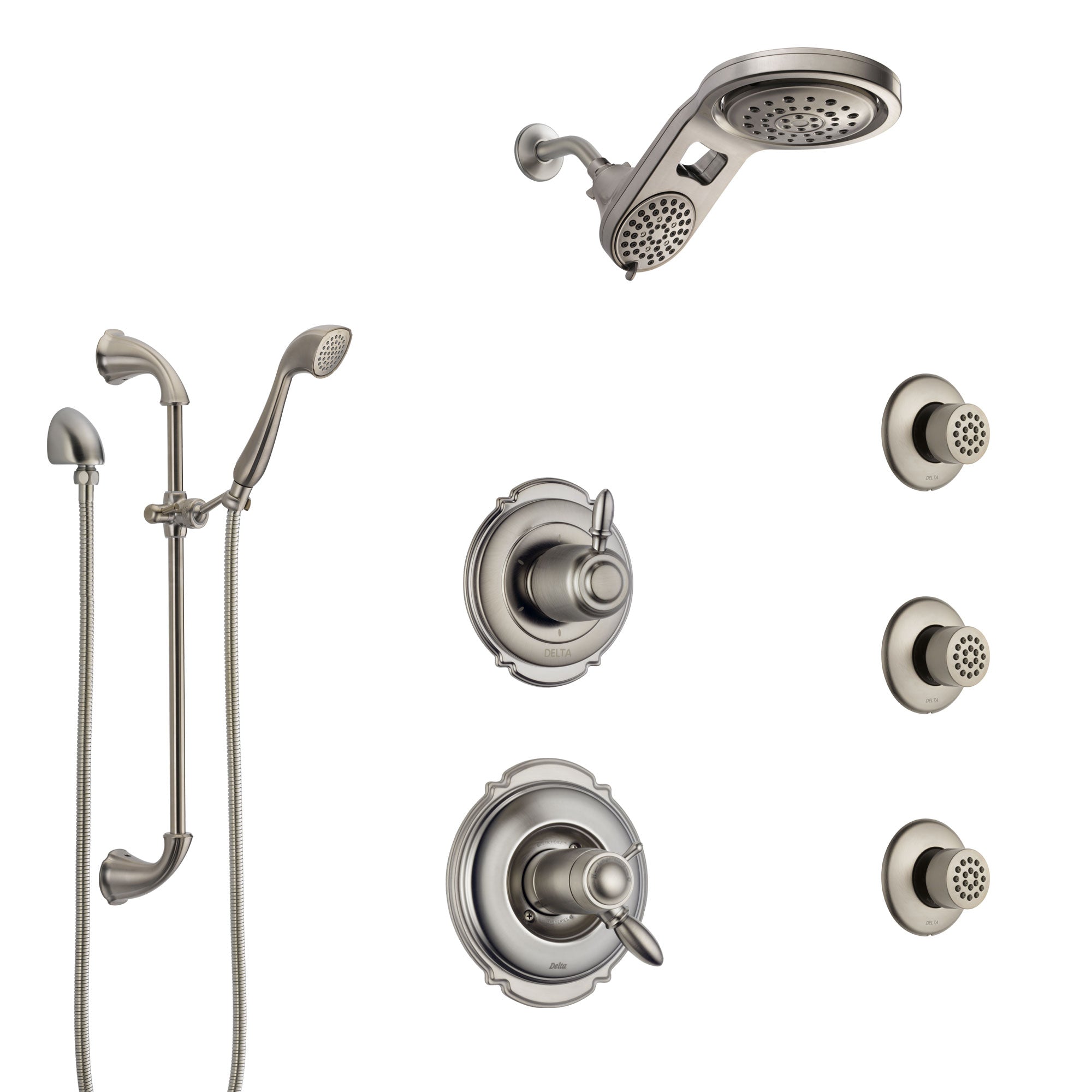 Delta Victorian Dual Thermostatic Control Stainless Steel Finish Shower System, Diverter, Dual Showerhead, 3 Body Sprays, and Hand Shower SS17T552SS6