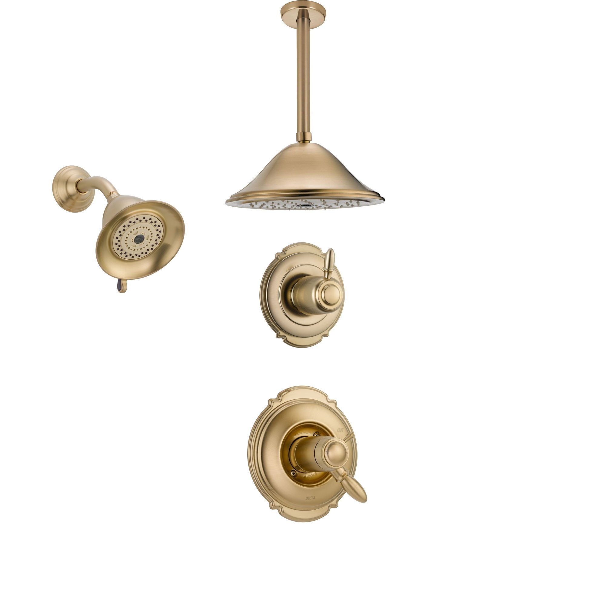 Delta Victorian Champagne Bronze Shower System with Thermostatic Shower Handle, 3-setting Diverter, Large Ceiling Mount Rain Showerhead, and Wall Mount Showerhead SS17T5583CZ