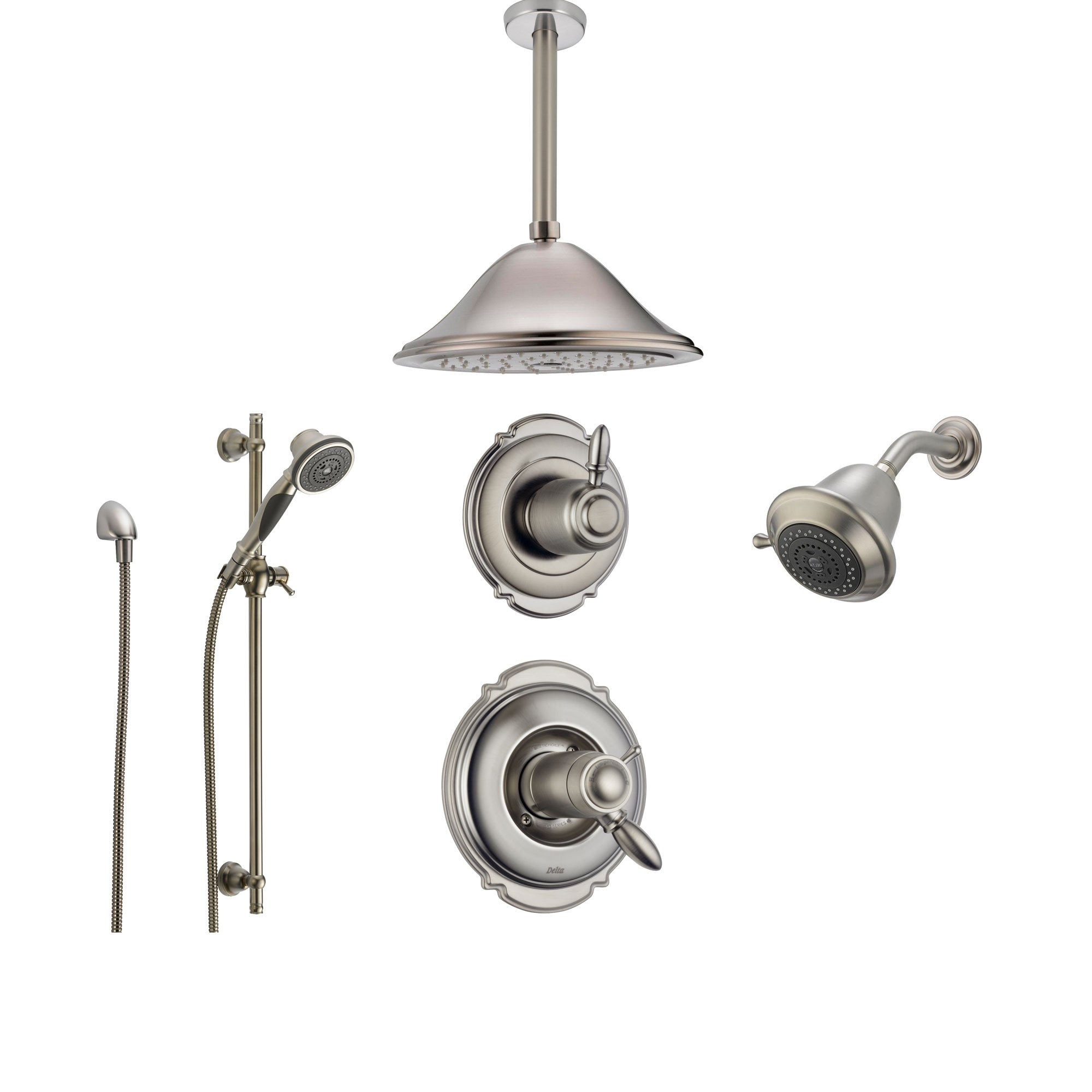 Delta Victorian Stainless Steel Shower System with Thermostatic Shower Handle, 6-setting Diverter, Large Ceiling Mount Rain Showerhead, Handheld Shower, and Wallmount Showerhead SS17T5594SS