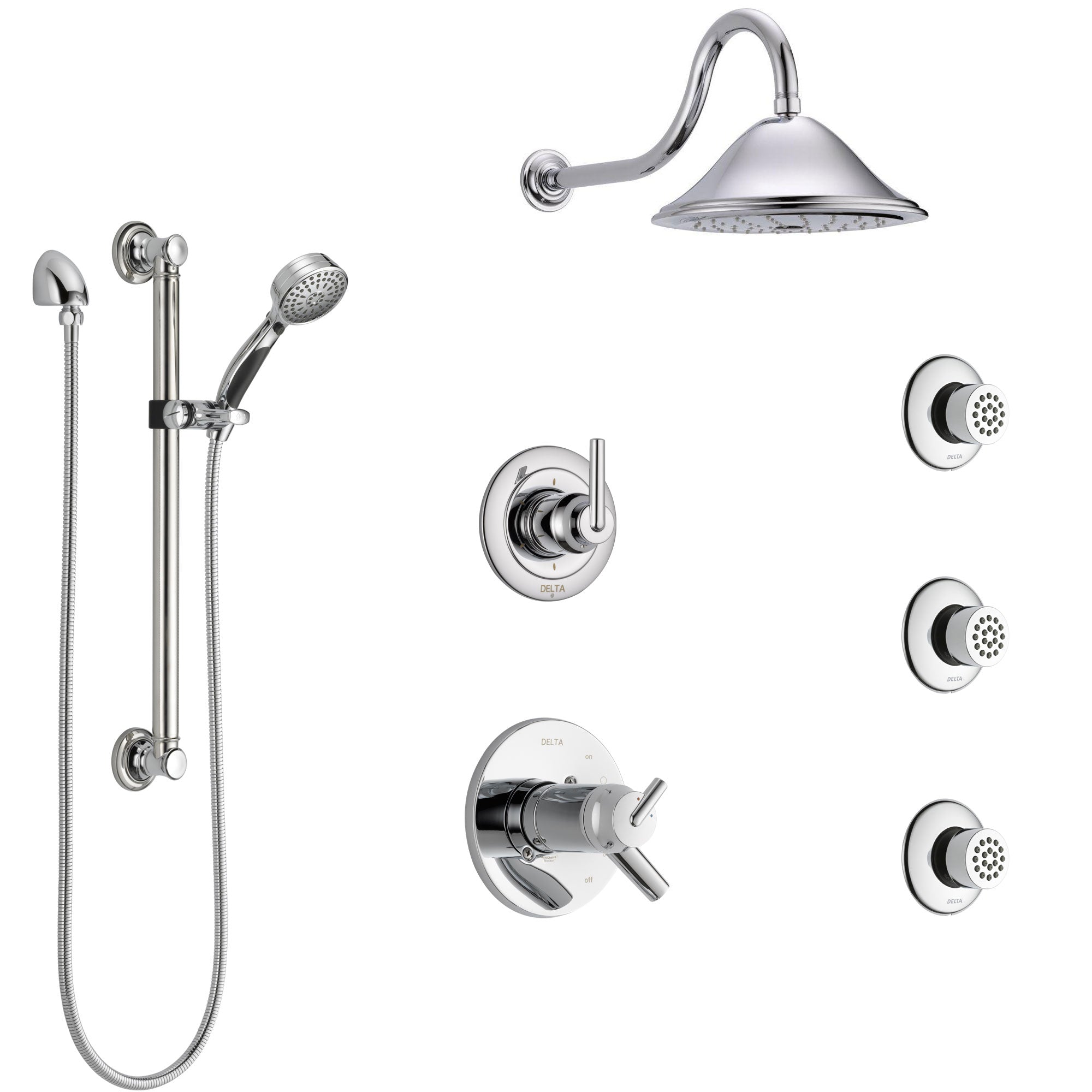 Delta Trinsic Chrome Shower System with Dual Thermostatic Control, Diverter, Showerhead, 3 Body Sprays, and Hand Shower with Grab Bar SS17T5911