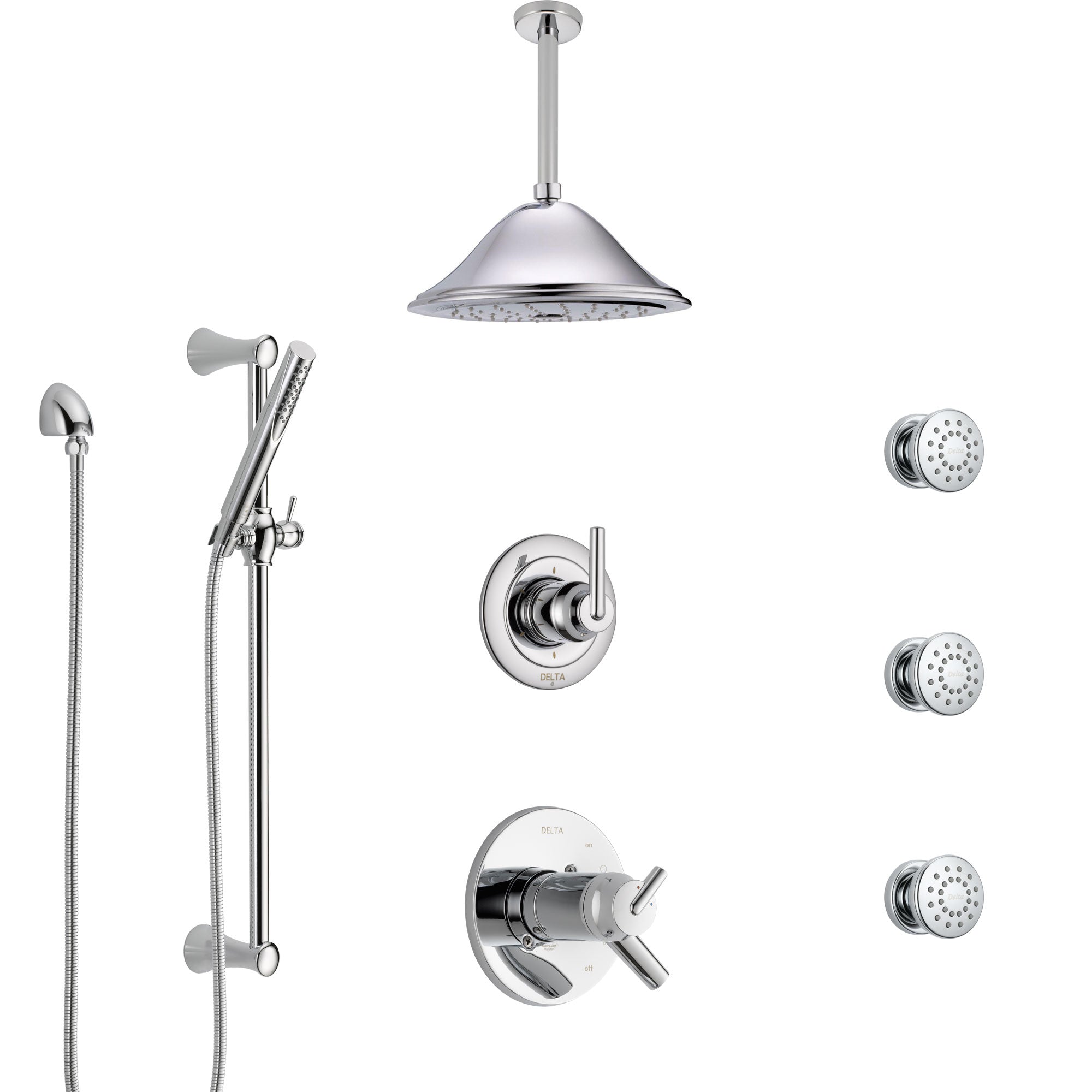 Delta Trinsic Chrome Shower System with Dual Thermostatic Control, Diverter, Ceiling Mount Showerhead, 3 Body Sprays, and Hand Shower SS17T5916