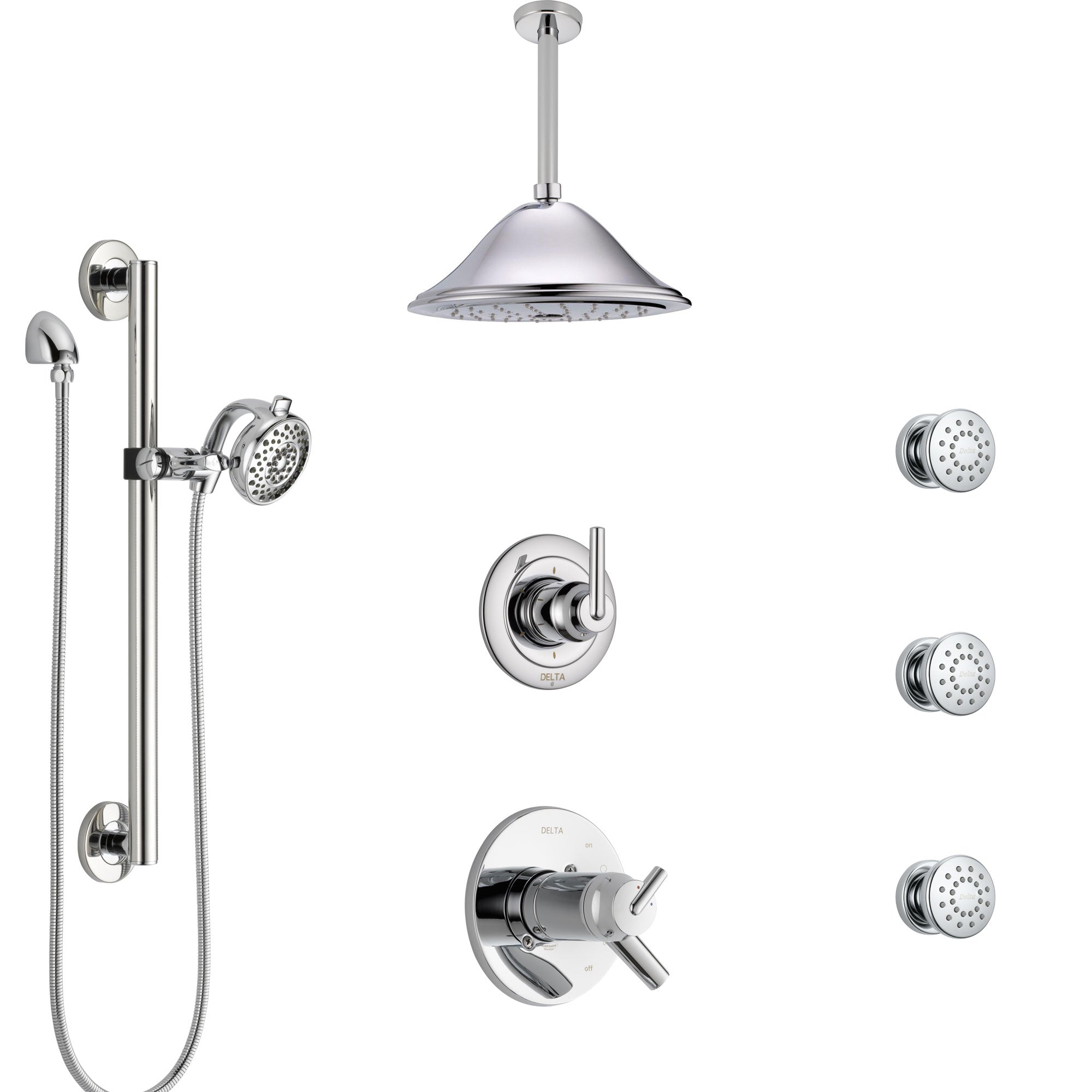 Delta Trinsic Chrome Shower System with Dual Thermostatic Control, Diverter, Ceiling Showerhead, 3 Body Sprays, and Grab Bar Hand Shower SS17T5917