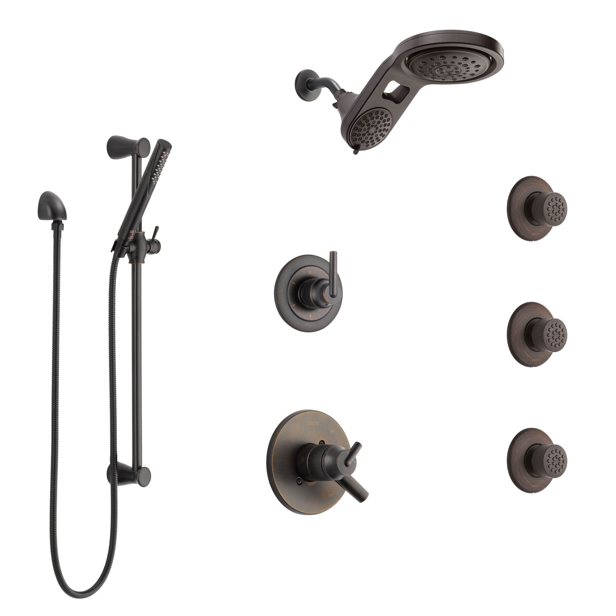 Delta Trinsic Venetian Bronze Shower System with Dual Thermostatic Control, Diverter, Dual Showerhead, 3 Body Sprays, and Hand Shower SS17T591RB2