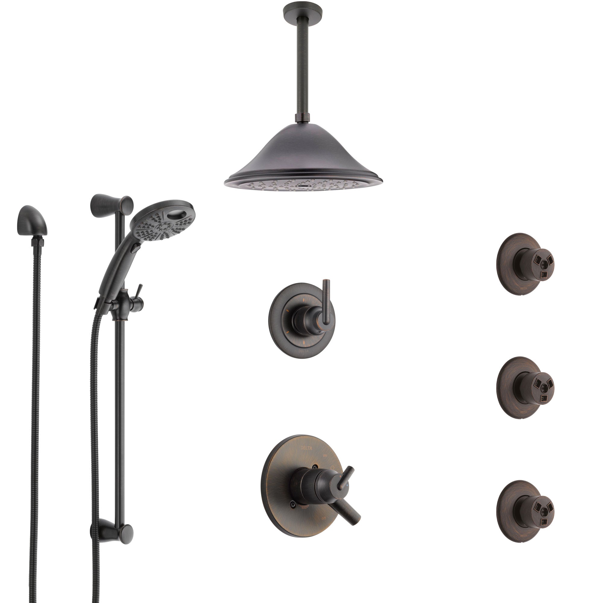 Delta Trinsic Venetian Bronze Dual Thermostatic Control Shower System, Diverter, Ceiling Showerhead, 3 Body Sprays, and Temp2O Hand Shower SS17T591RB6