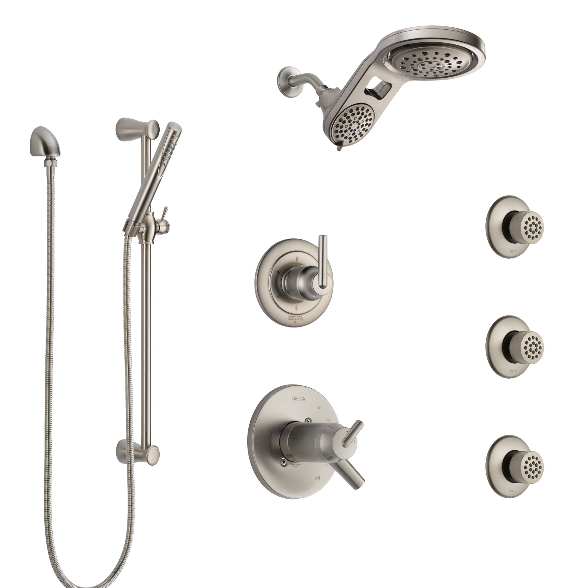 Delta Trinsic Dual Thermostatic Control Stainless Steel Finish Shower System, Diverter, Dual Showerhead, 3 Body Sprays, and Hand Shower SS17T591SS1