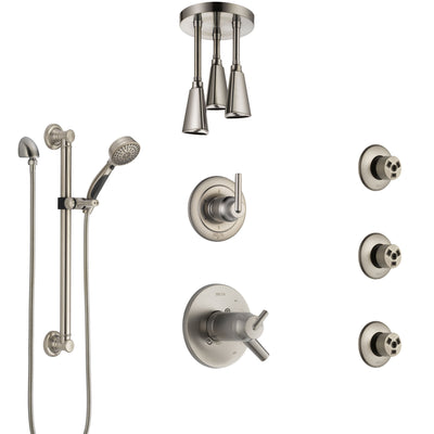 Delta Trinsic Dual Thermostatic Control Stainless Steel Finish Shower System with Ceiling Showerhead, 3 Body Jets, Grab Bar Hand Spray SS17T591SS4