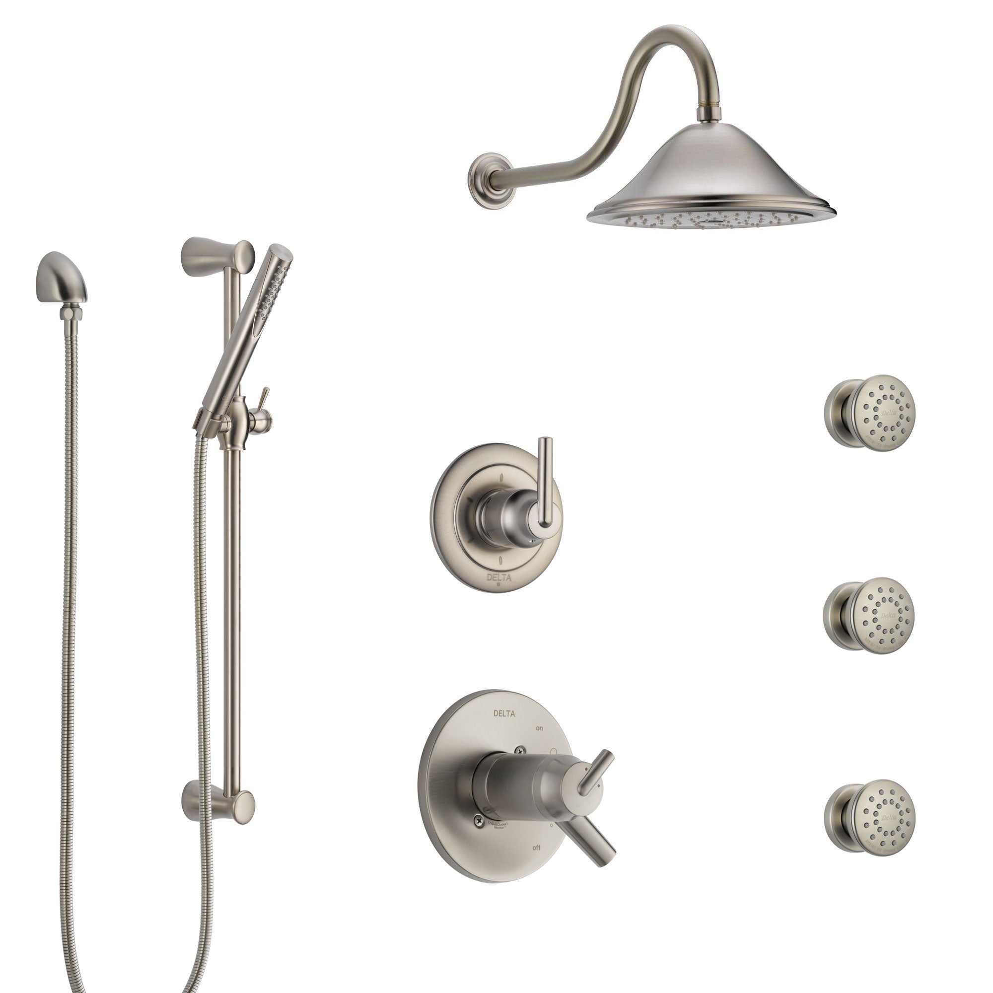 Delta Trinsic Dual Thermostatic Control Stainless Steel Finish Shower System, Diverter, Showerhead, 3 Body Sprays, and Hand Shower SS17T591SS8