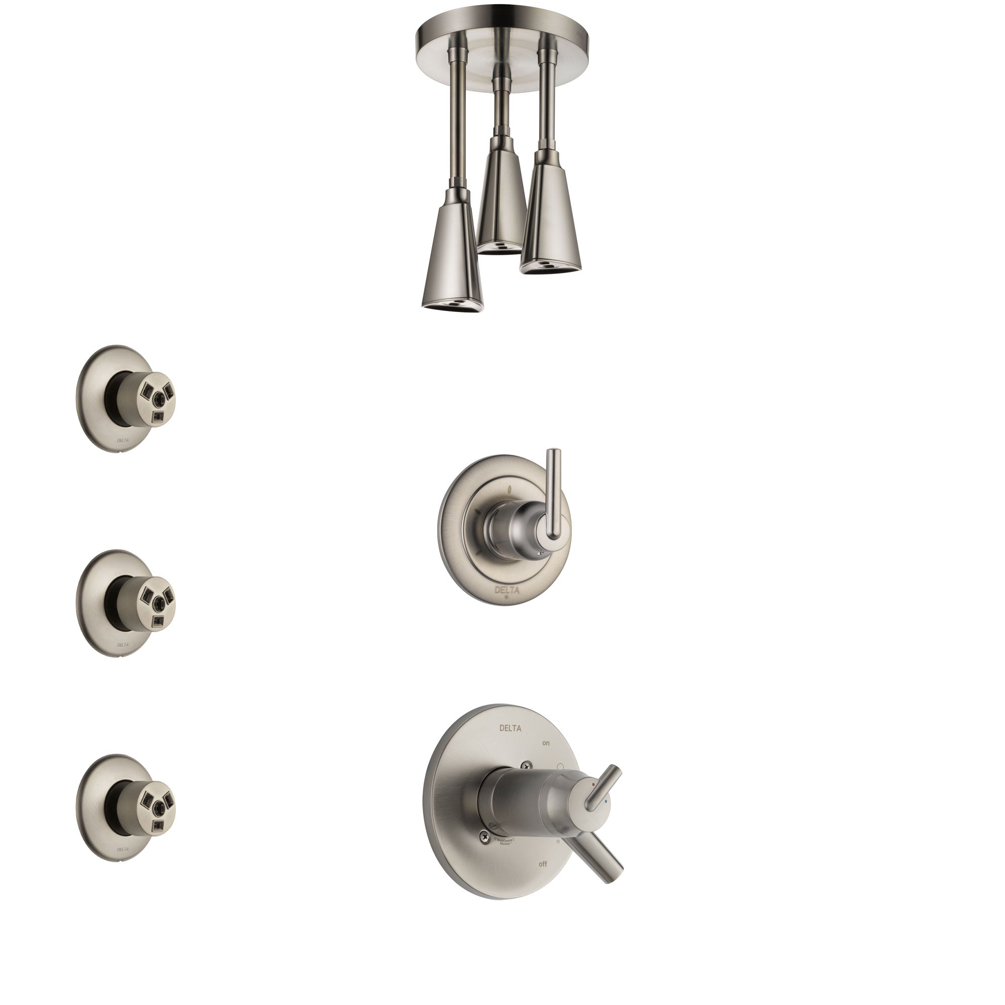 Delta Trinsic Dual Thermostatic Control Handle Stainless Steel Finish Shower System, Diverter, Ceiling Mount Showerhead, and 3 Body Sprays SS17T592SS3