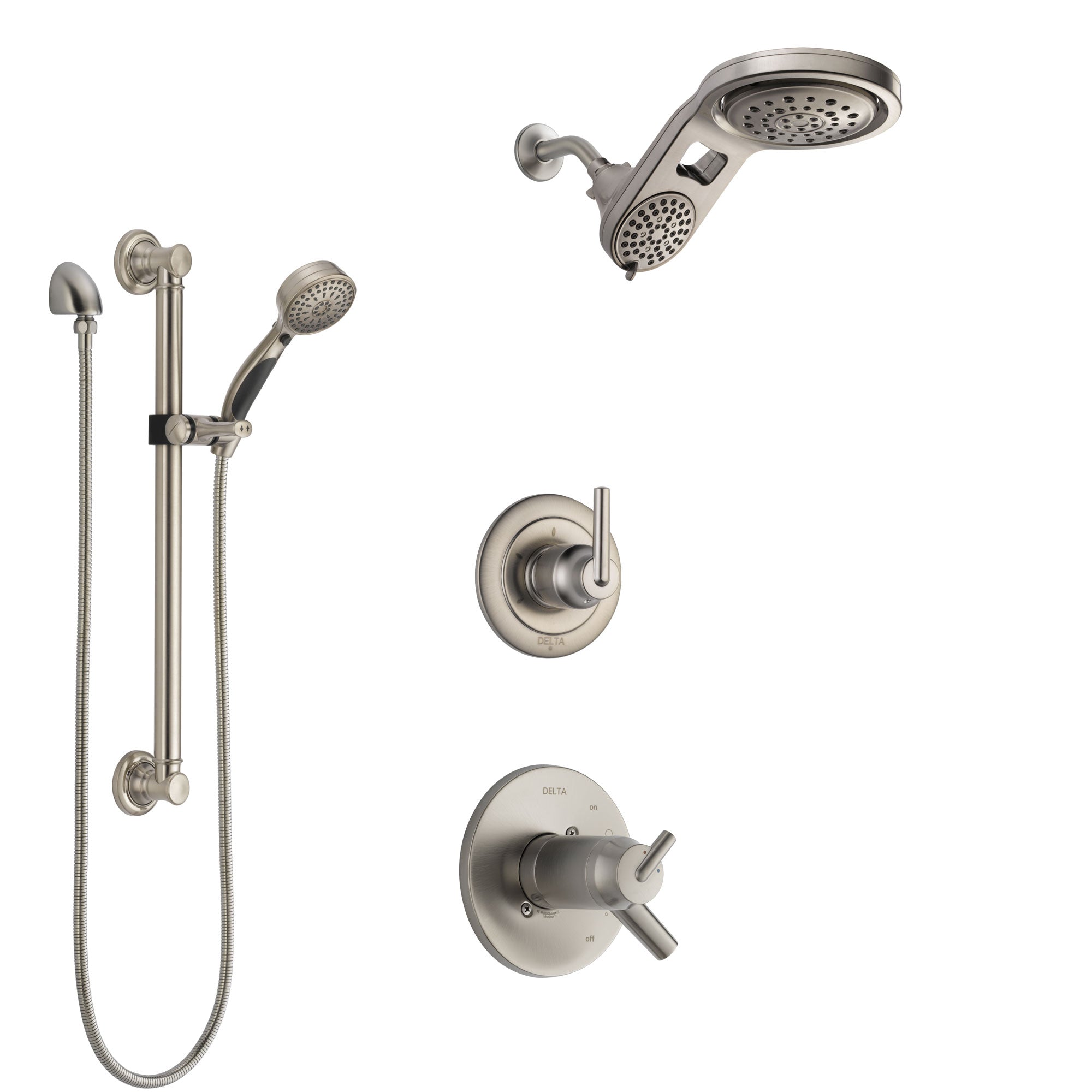 Delta Trinsic Dual Thermostatic Control Stainless Steel Finish Shower System, Diverter, Dual Showerhead, and Hand Shower with Grab Bar SS17T592SS7