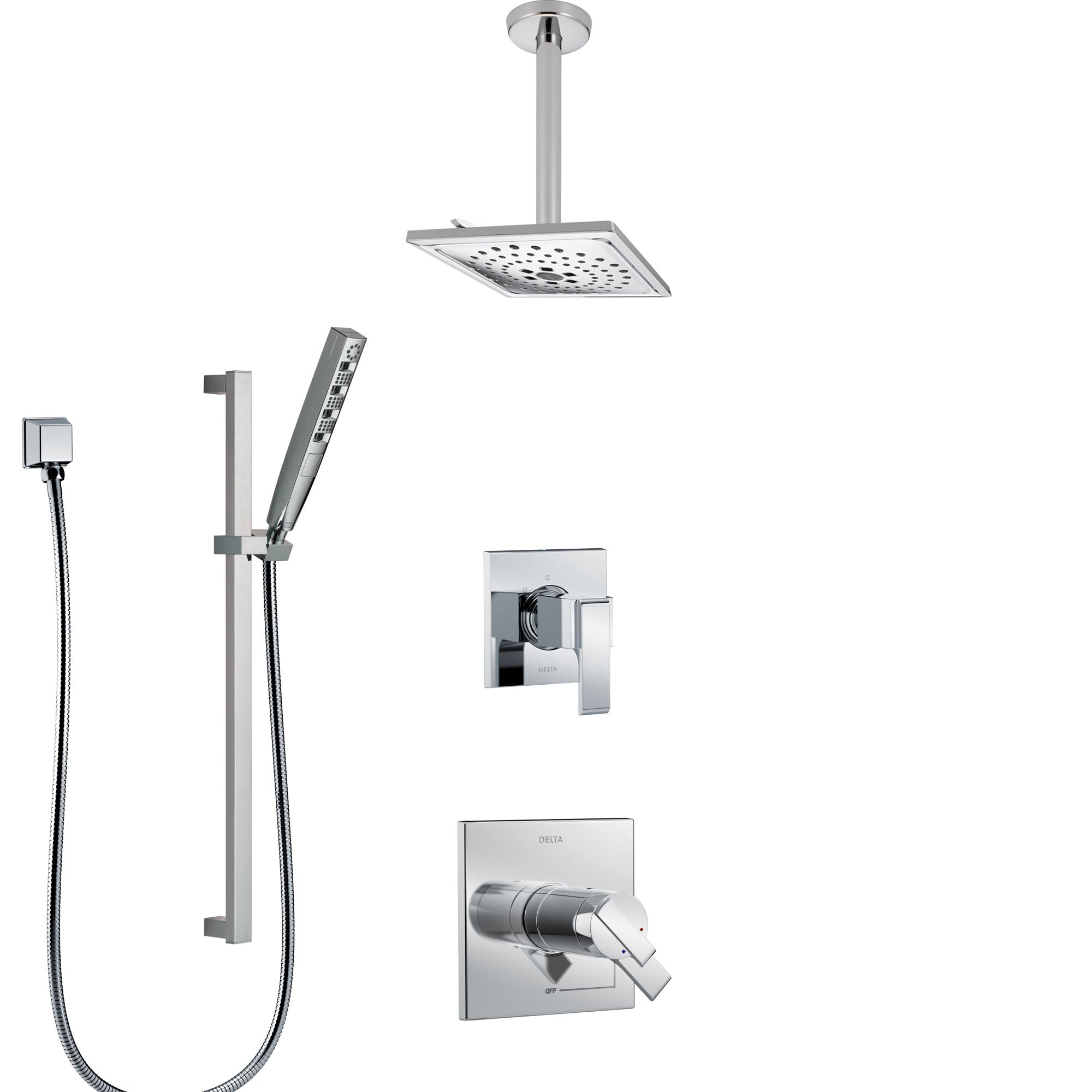 Delta Ara Chrome Finish Shower System with Dual Thermostatic Control Handle, Diverter, Ceiling Mount Showerhead, and Hand Shower SS17T6715