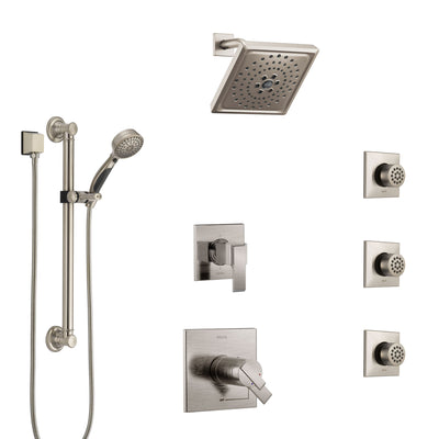 Delta Ara Dual Thermostatic Control Stainless Steel Finish Shower System, Diverter, Showerhead, 3 Body Sprays, and Grab Bar Hand Shower SS17T671SS1