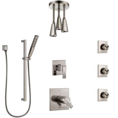 Delta Ara Dual Thermostatic Control Stainless Steel Finish Shower System, Diverter, Ceiling Showerhead, 3 Body Sprays, and Hand Shower SS17T671SS4