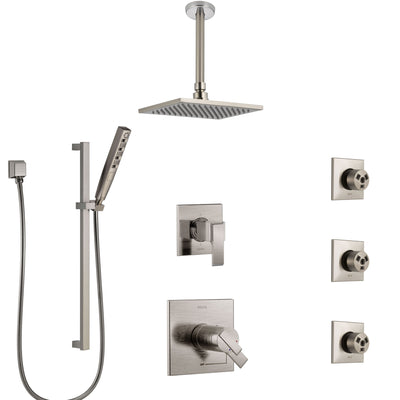 Delta Ara Dual Thermostatic Control Stainless Steel Finish Shower System, Diverter, Ceiling Showerhead, 3 Body Sprays, and Hand Shower SS17T671SS5