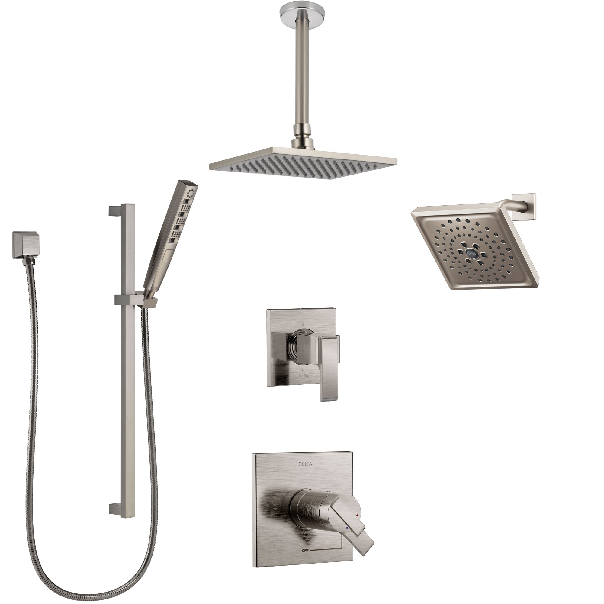 Delta Ara Dual Thermostatic Control Stainless Steel Finish Shower System, Diverter, Showerhead, Ceiling Mount Showerhead, and Hand Shower SS17T671SS7