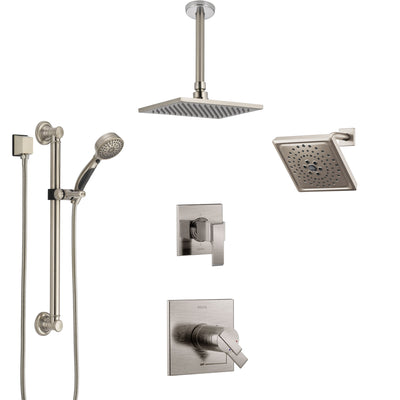 Delta Ara Dual Thermostatic Control Stainless Steel Finish Shower System, Diverter, Showerhead, Ceiling Showerhead, Grab Bar Hand Spray SS17T671SS8