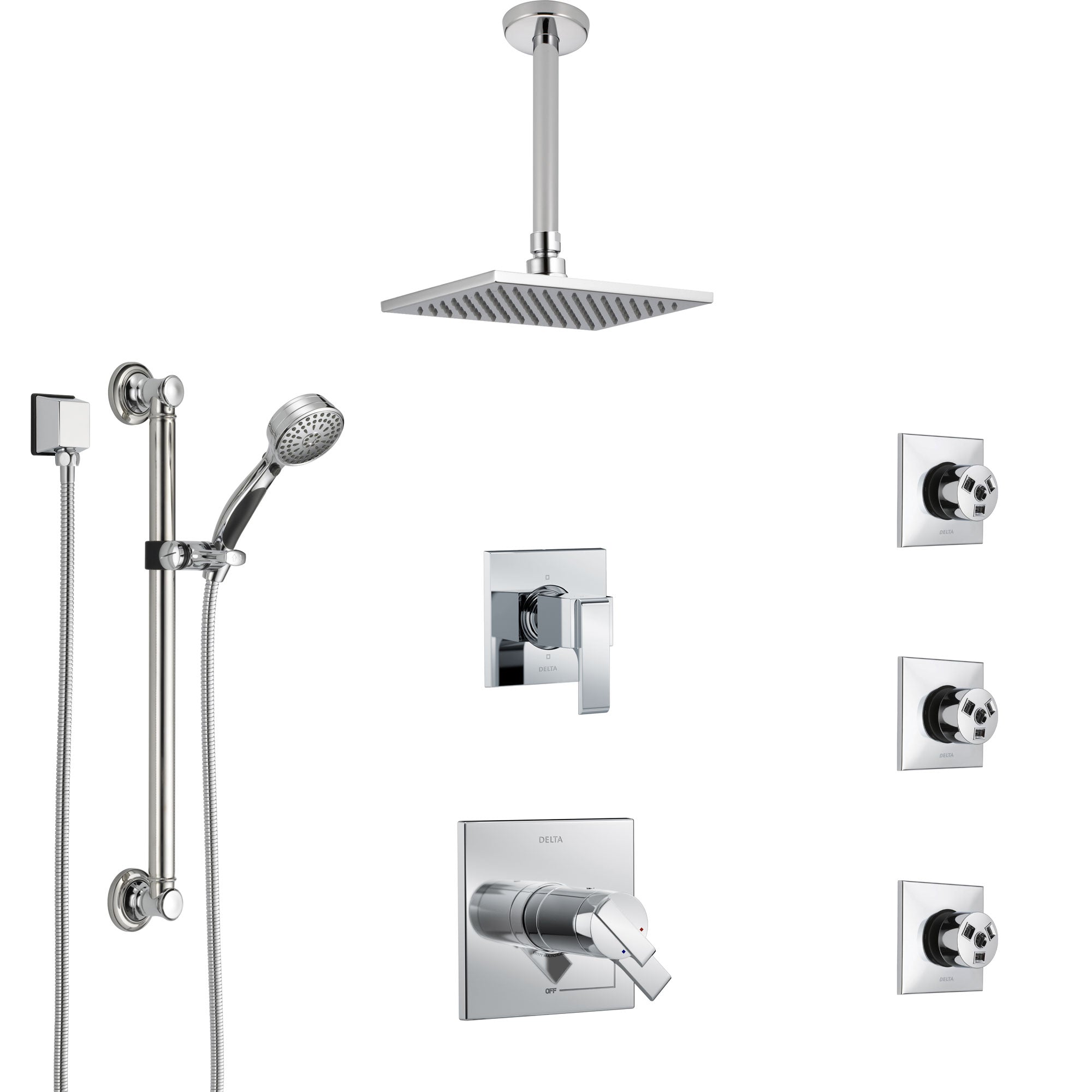 Delta Ara Chrome Shower System with Dual Thermostatic Control, Diverter, Ceiling Mount Showerhead, 3 Body Sprays, and Grab Bar Hand Shower SS17T6722