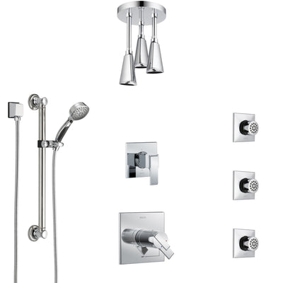 Delta Ara Chrome Shower System with Dual Thermostatic Control, Diverter, Ceiling Mount Showerhead, 3 Body Sprays, and Grab Bar Hand Shower SS17T6724