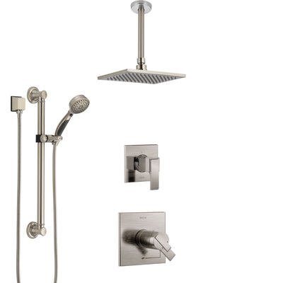 Delta Ara Dual Thermostatic Control Stainless Steel Finish Shower System, Diverter, Ceiling Mount Showerhead, and Grab Bar Hand Shower SS17T672SS3