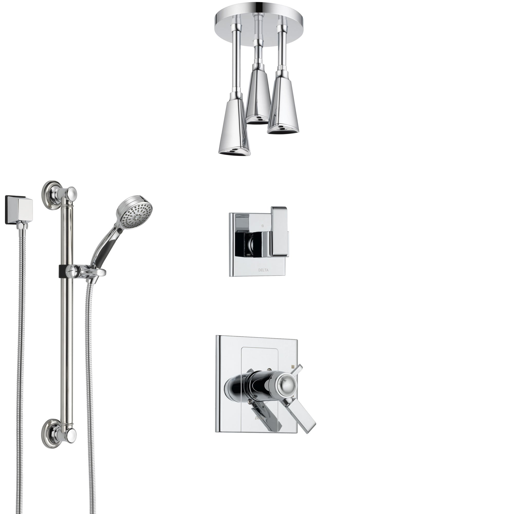 Delta Arzo Chrome Shower System with Dual Thermostatic Control Handle, Diverter, Ceiling Mount Showerhead, and Hand Shower with Grab Bar SS17T8612