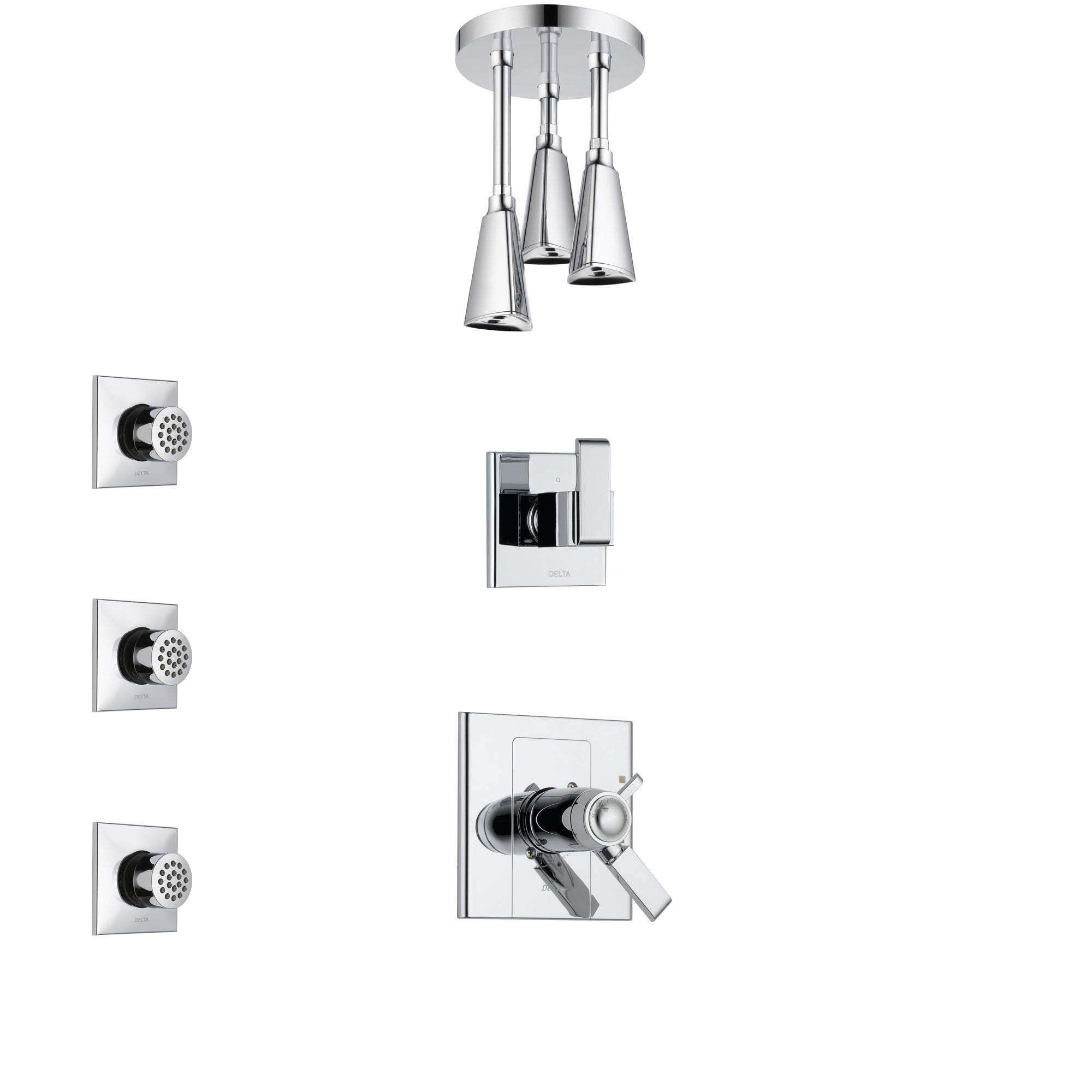 Delta Arzo Chrome Finish Shower System with Dual Thermostatic Control Handle, Diverter, Ceiling Mount Showerhead, and 3 Body Sprays SS17T8613