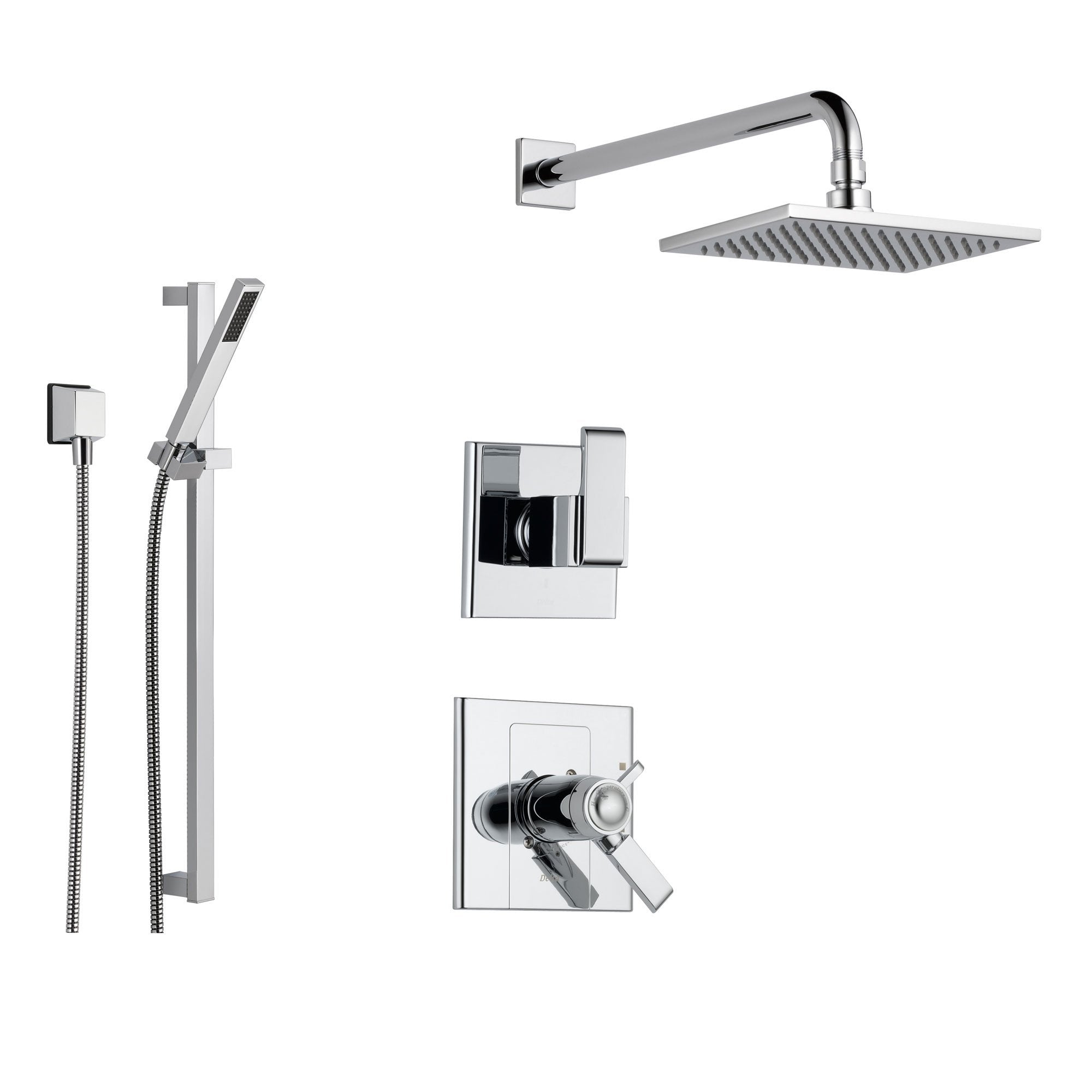 Delta Arzo Chrome Shower System with Thermostatic Shower Handle, 3-setting Diverter, Large Square Showerhead, and Hand Held Shower SS17T8682