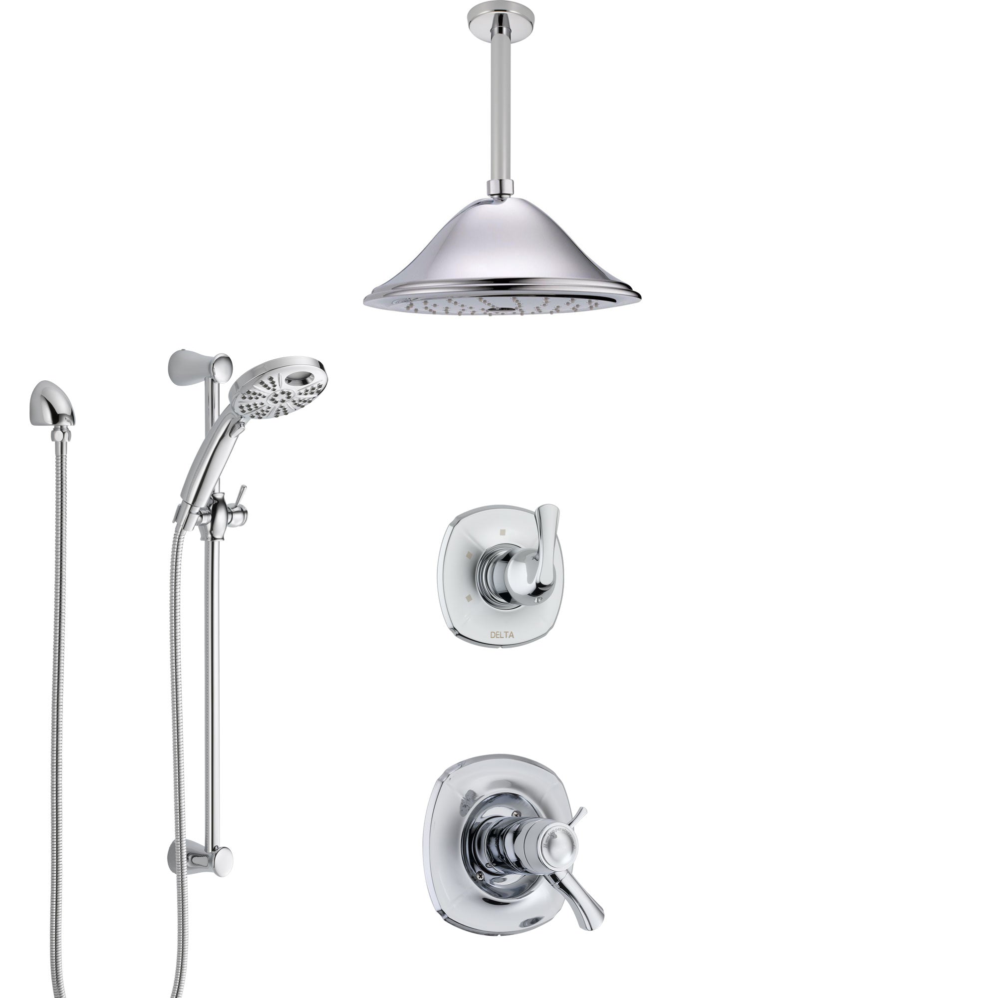 Delta Addison Chrome Finish Shower System with Dual Thermostatic Control Handle, Diverter, Ceiling Mount Showerhead, and Temp2O Hand Shower SS17T9218