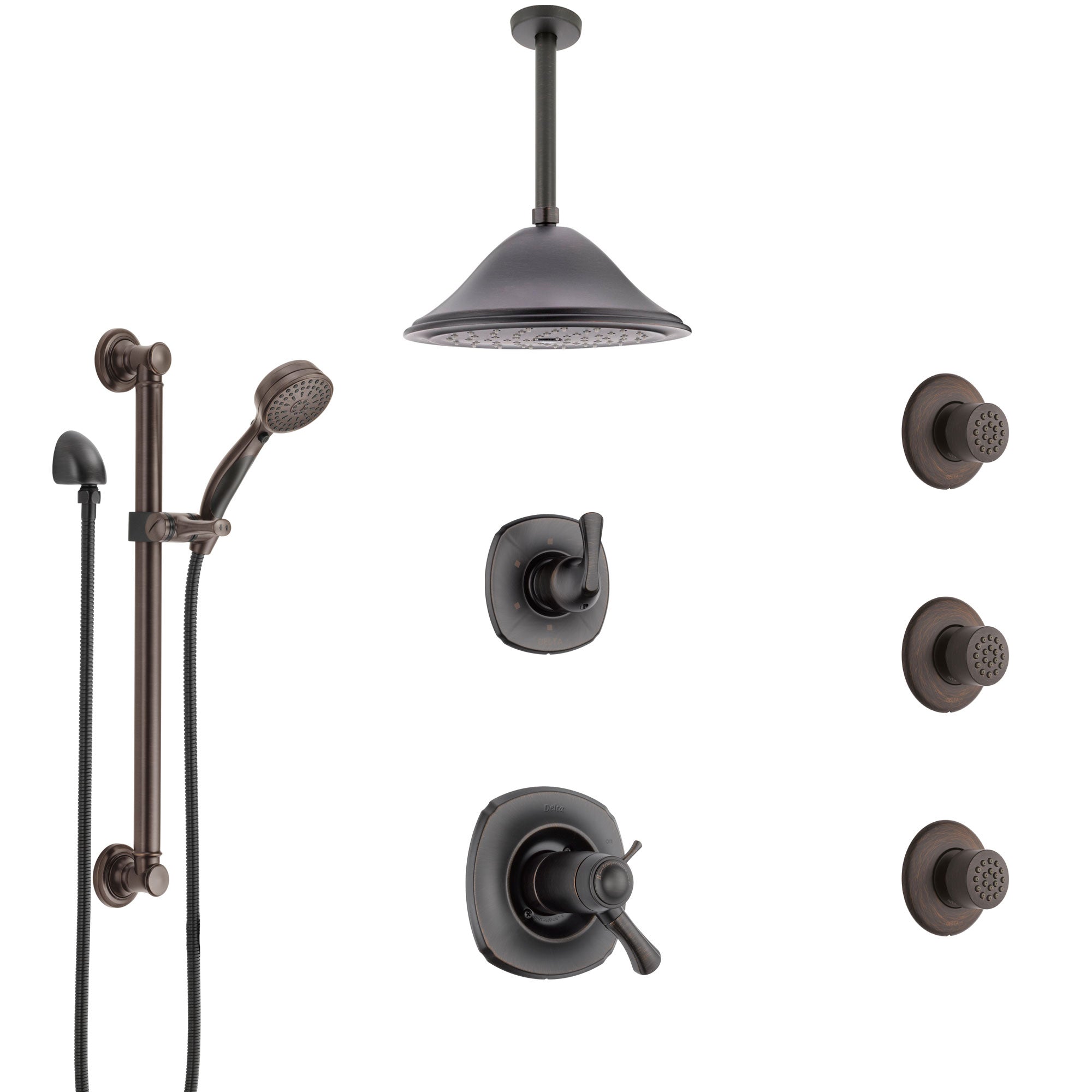 Delta Addison Venetian Bronze Dual Thermostatic Control Shower System, Diverter, Ceiling Showerhead, 3 Body Sprays, Grab Bar Hand Spray SS17T922RB3