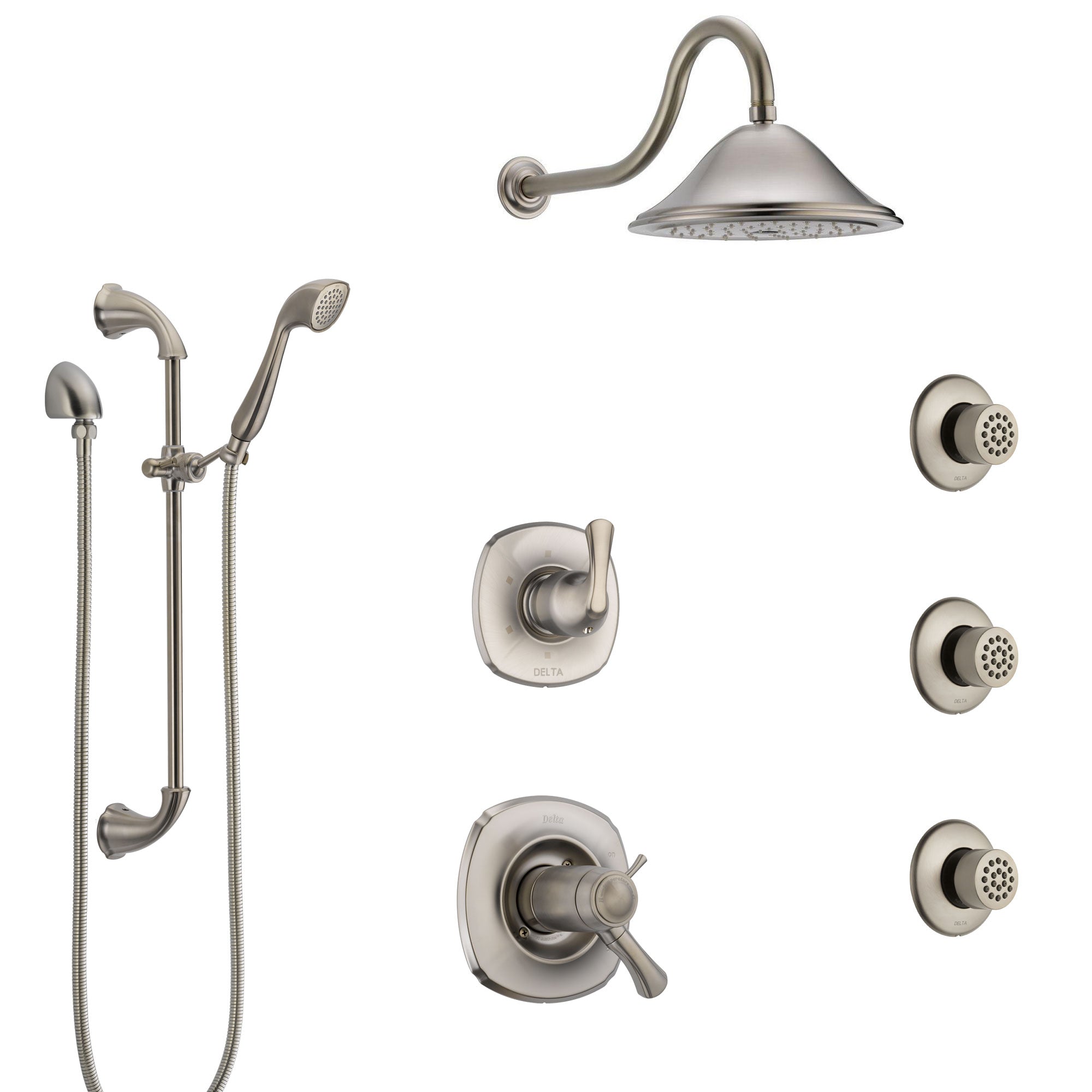 Delta Addison Dual Thermostatic Control Stainless Steel Finish Shower System, Diverter, Showerhead, 3 Body Sprays, and Hand Shower SS17T922SS7