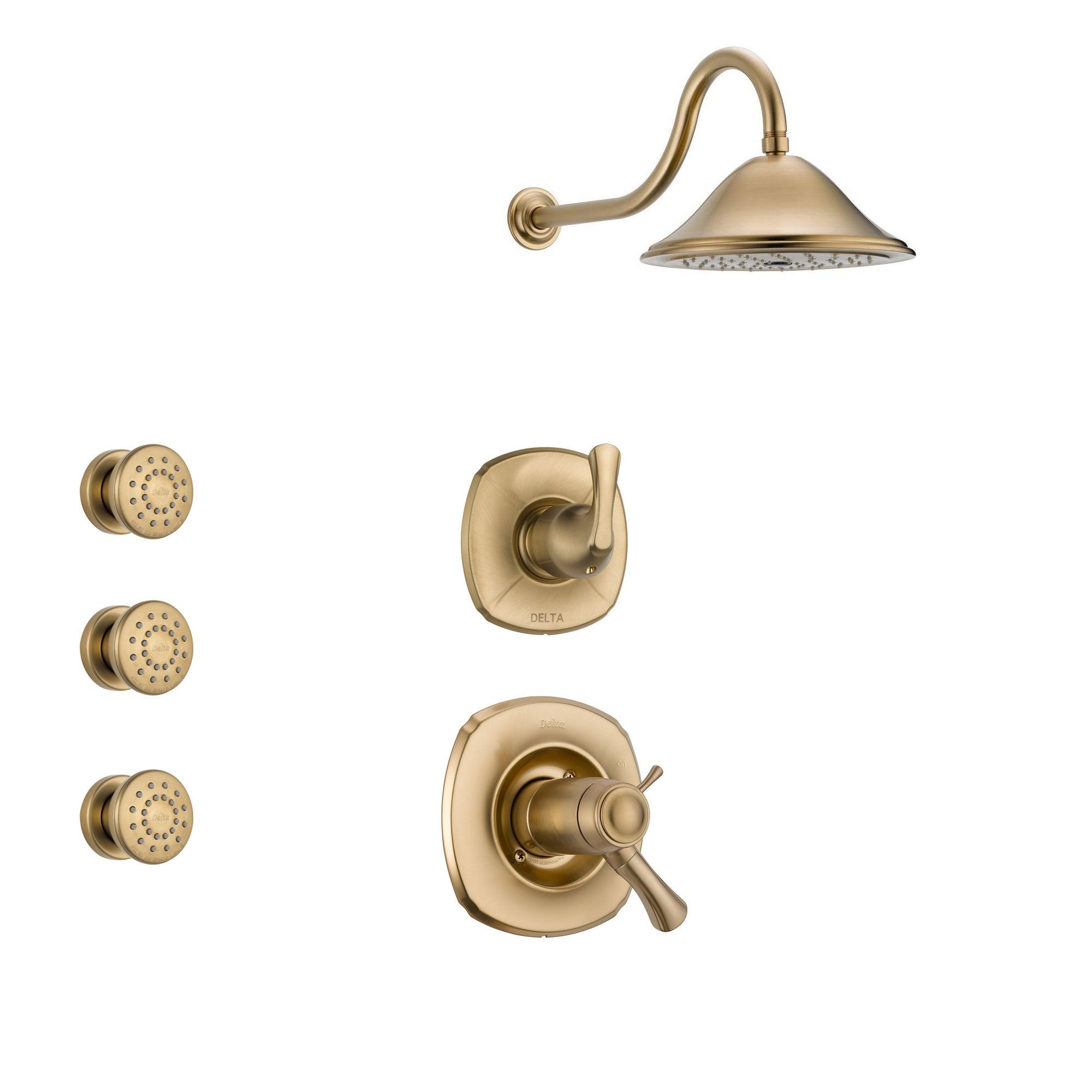 Delta Addison Champagne Bronze Shower System with Thermostatic Shower Handle, 3-setting Diverter, Large Rain Showerhead, and 3 Body Sprays SS17T9282CZ