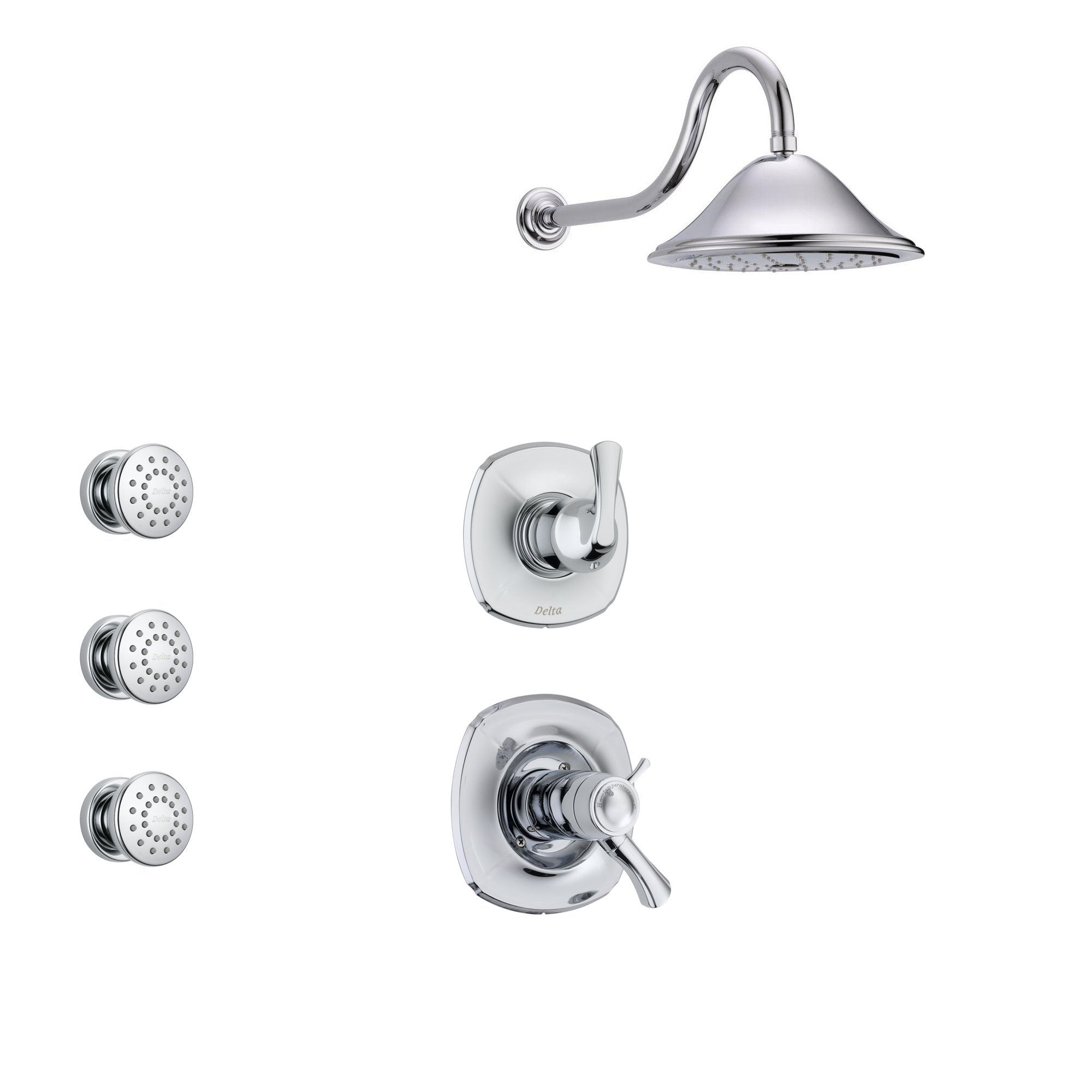 Delta Addison Chrome Shower System with Thermostatic Shower Handle, 3-setting Diverter, Large Rain Showerhead, and 3 Body Sprays SS17T9282