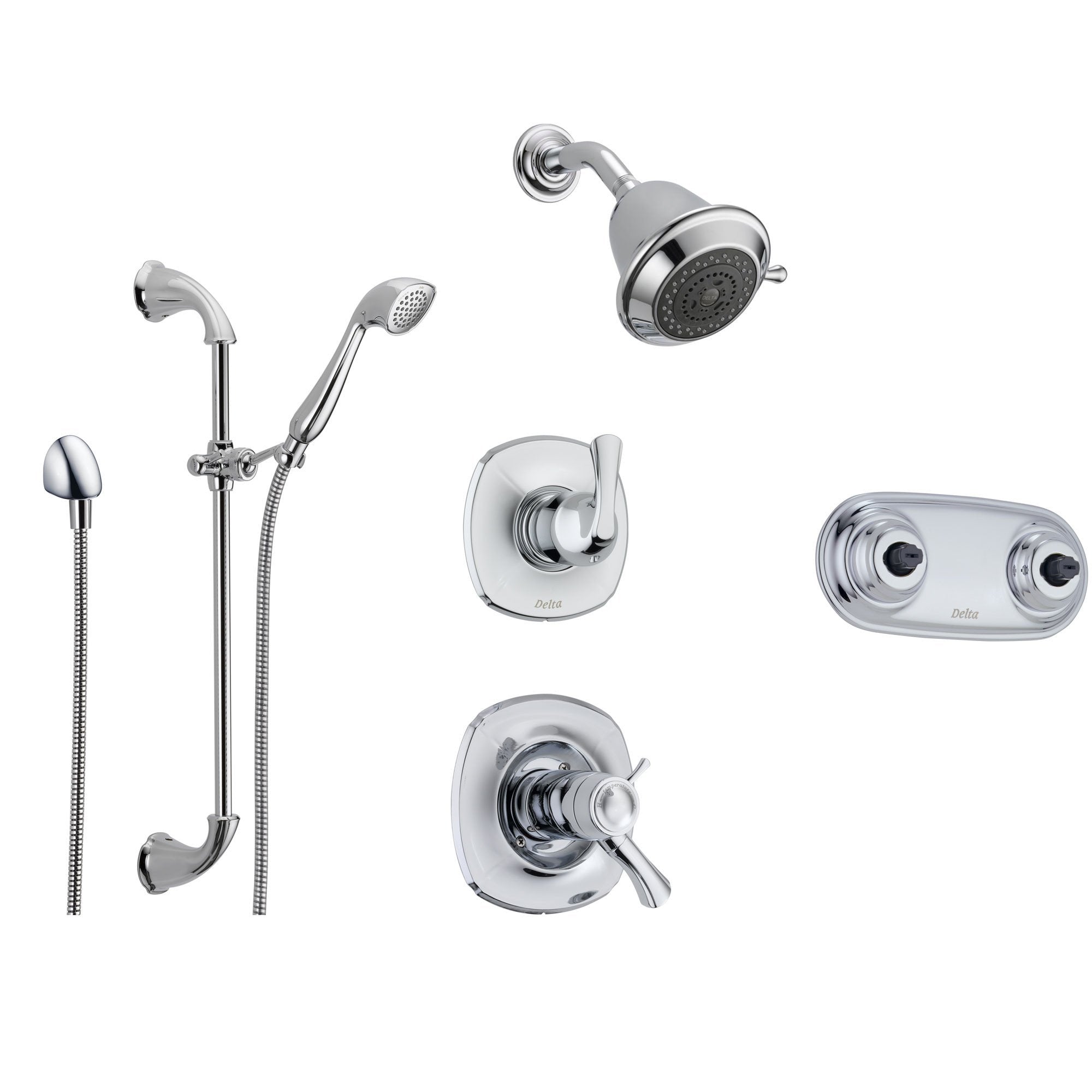 Delta Addison Chrome Shower System with Thermostatic Shower Handle, 6-setting Diverter, Showerhead, Handheld Shower Spray, and Dual Spray Shower Plate SS17T9292