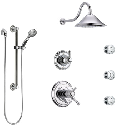 Delta Cassidy Chrome Shower System with Dual Thermostatic Control, Diverter, Showerhead, 3 Body Sprays, and Hand Shower with Grab Bar SS17T9711