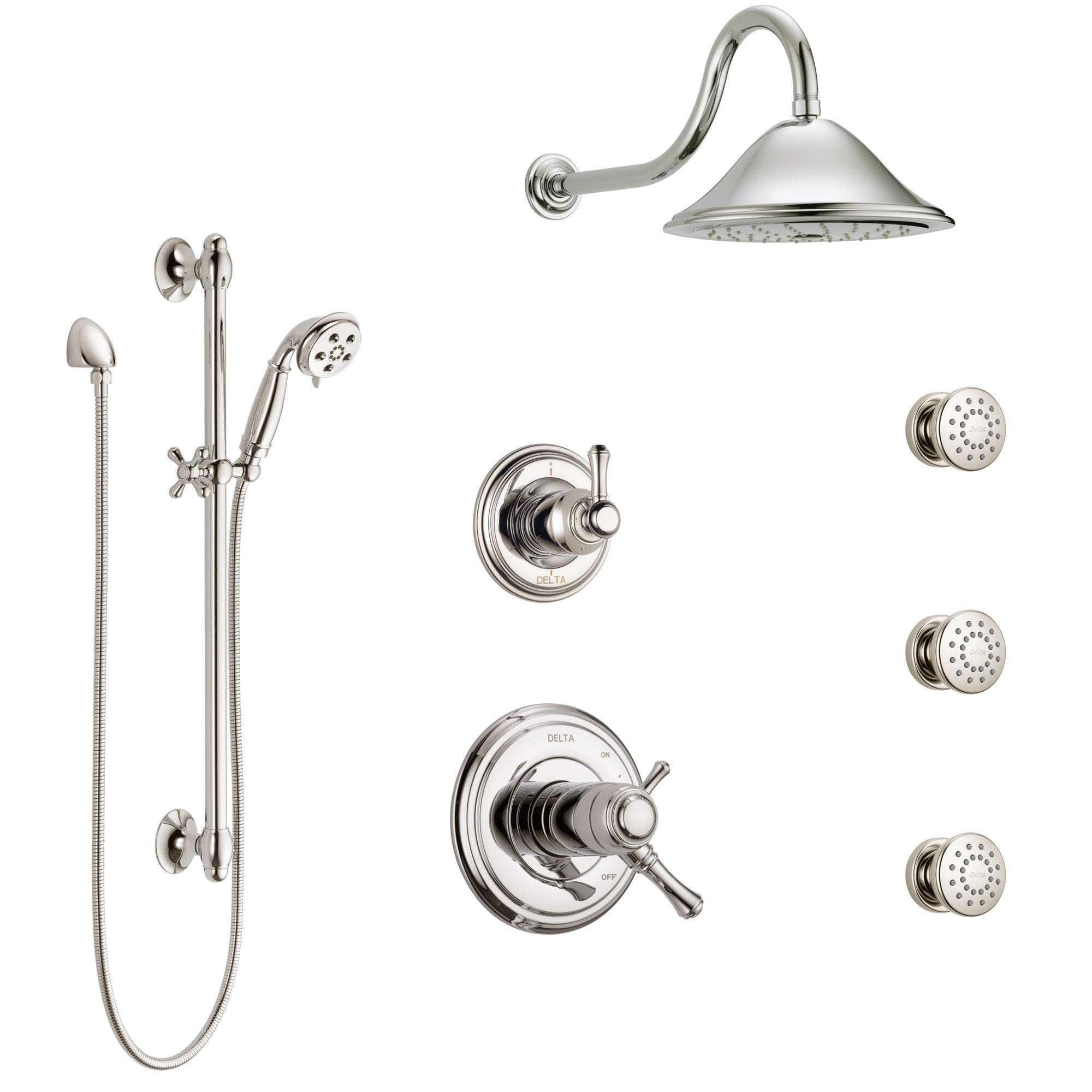 Delta Cassidy Polished Nickel Shower System with Dual Thermostatic Control, 6-Setting Diverter, Showerhead, 3 Body Sprays, and Hand Shower SS17T971PN2