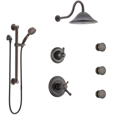 Delta Cassidy Venetian Bronze Shower System with Dual Thermostatic Control, Diverter, Showerhead, 3 Body Sprays, and Grab Bar Hand Shower SS17T971RB1