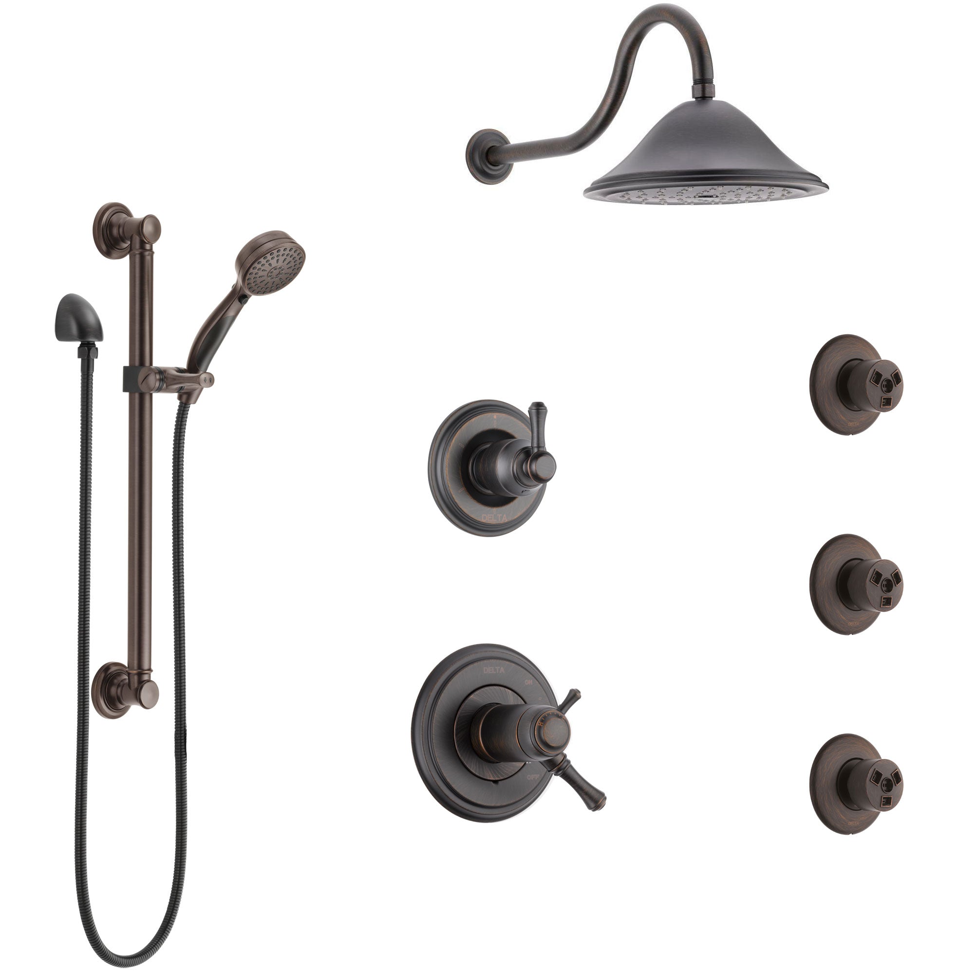 Delta Cassidy Venetian Bronze Shower System with Dual Thermostatic Control, Diverter, Showerhead, 3 Body Sprays, and Grab Bar Hand Shower SS17T971RB2