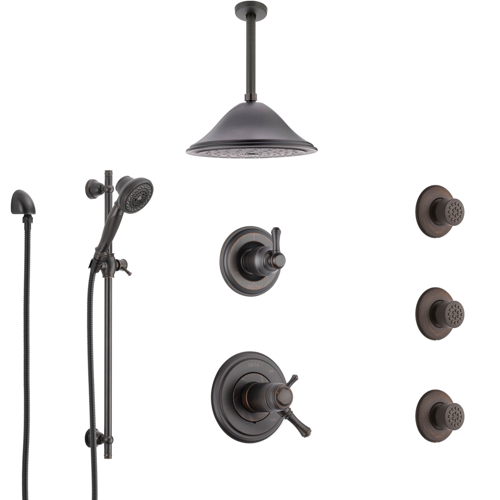 Delta Cassidy Venetian Bronze Shower System with Dual Thermostatic Control, Diverter, Ceiling Showerhead, 3 Body Sprays, and Hand Shower SS17T971RB5