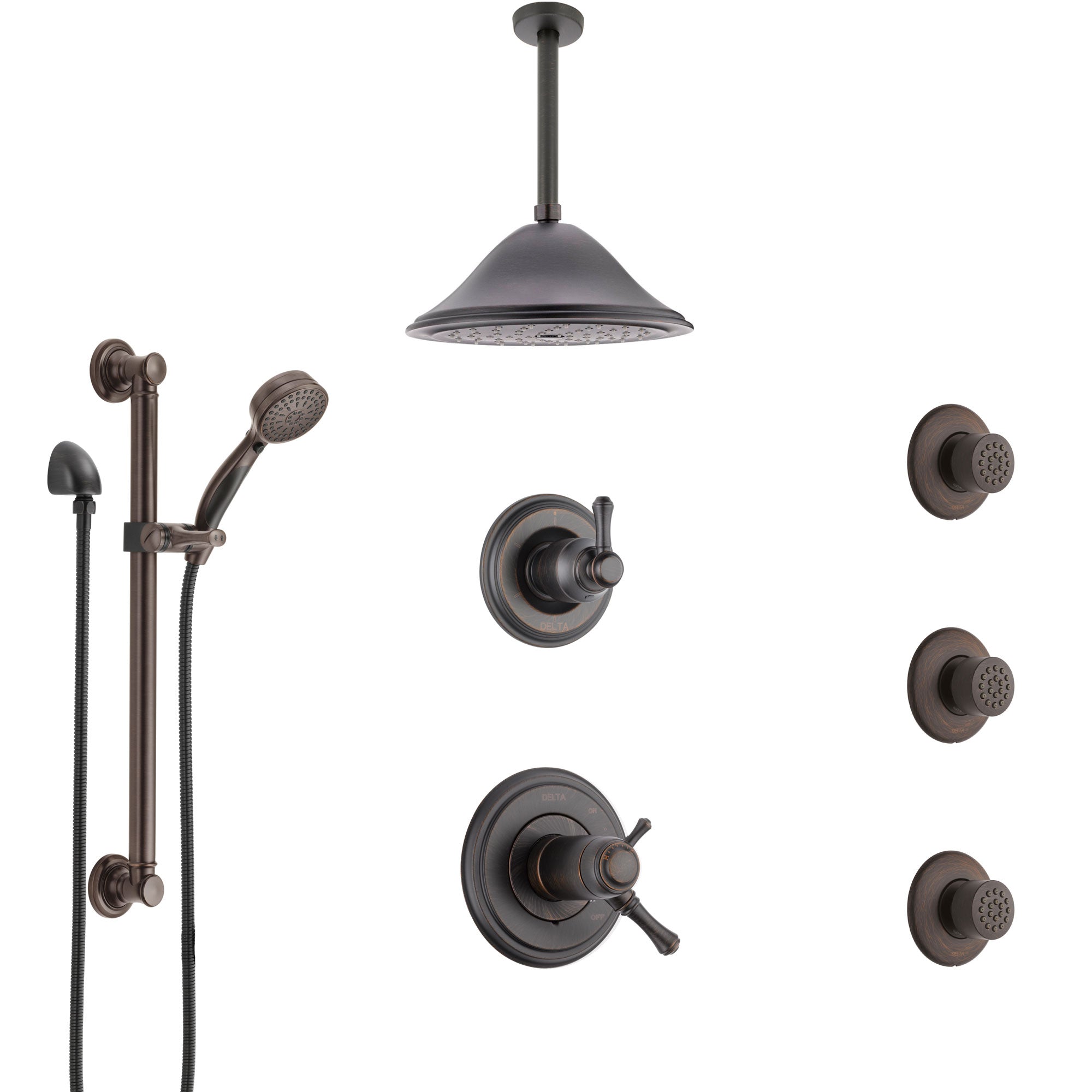 Delta Cassidy Venetian Bronze Dual Thermostatic Control Shower System, Diverter, Ceiling Showerhead, 3 Body Sprays, Grab Bar Hand Spray SS17T971RB6