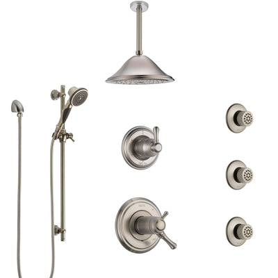 Delta Cassidy Dual Thermostatic Control Stainless Steel Finish Shower System, Diverter, Ceiling Showerhead, 3 Body Sprays, and Hand Shower SS17T971SS5