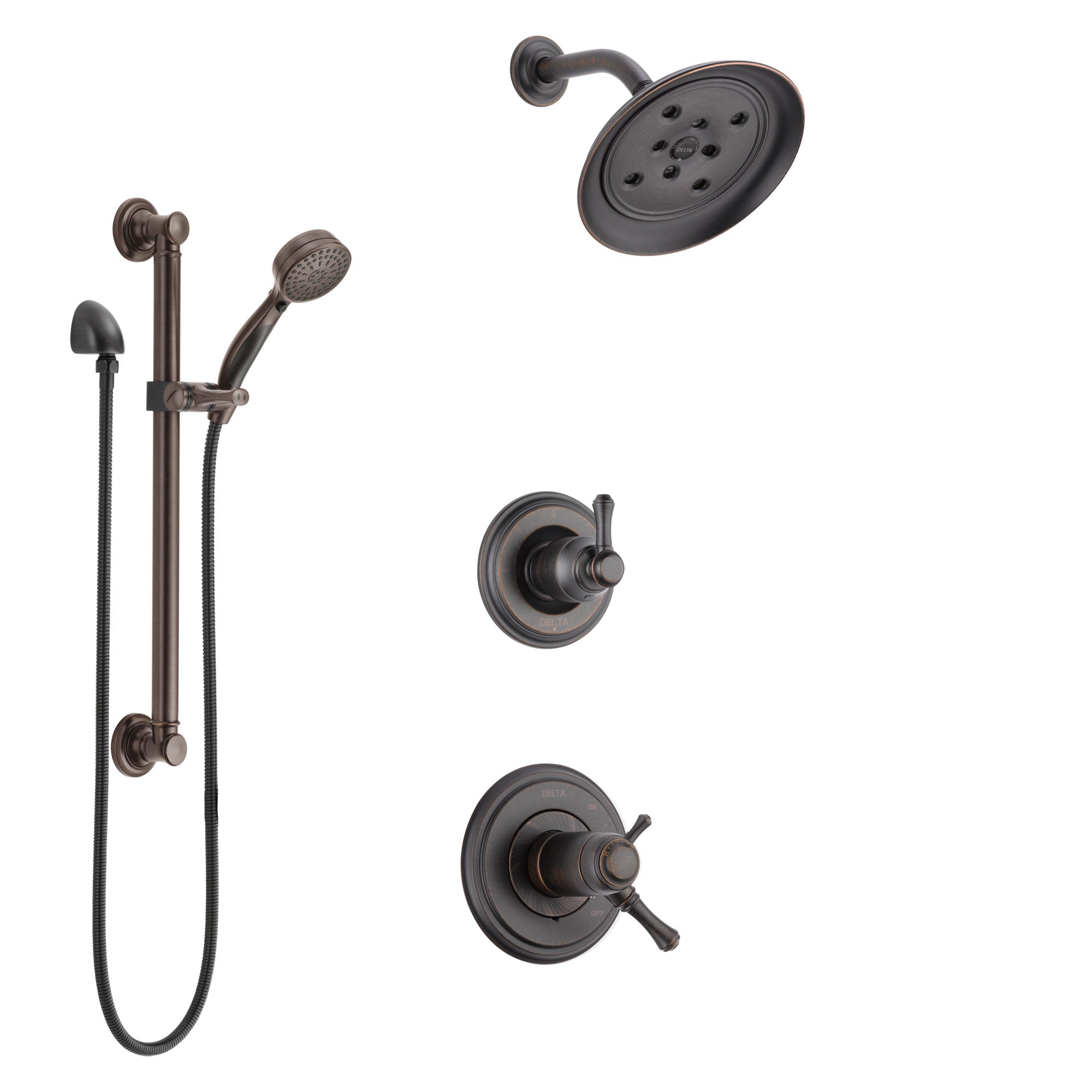 Delta Cassidy Venetian Bronze Shower System with Dual Thermostatic Control Handle, Diverter, Showerhead, and Hand Shower with Grab Bar SS17T972RB5