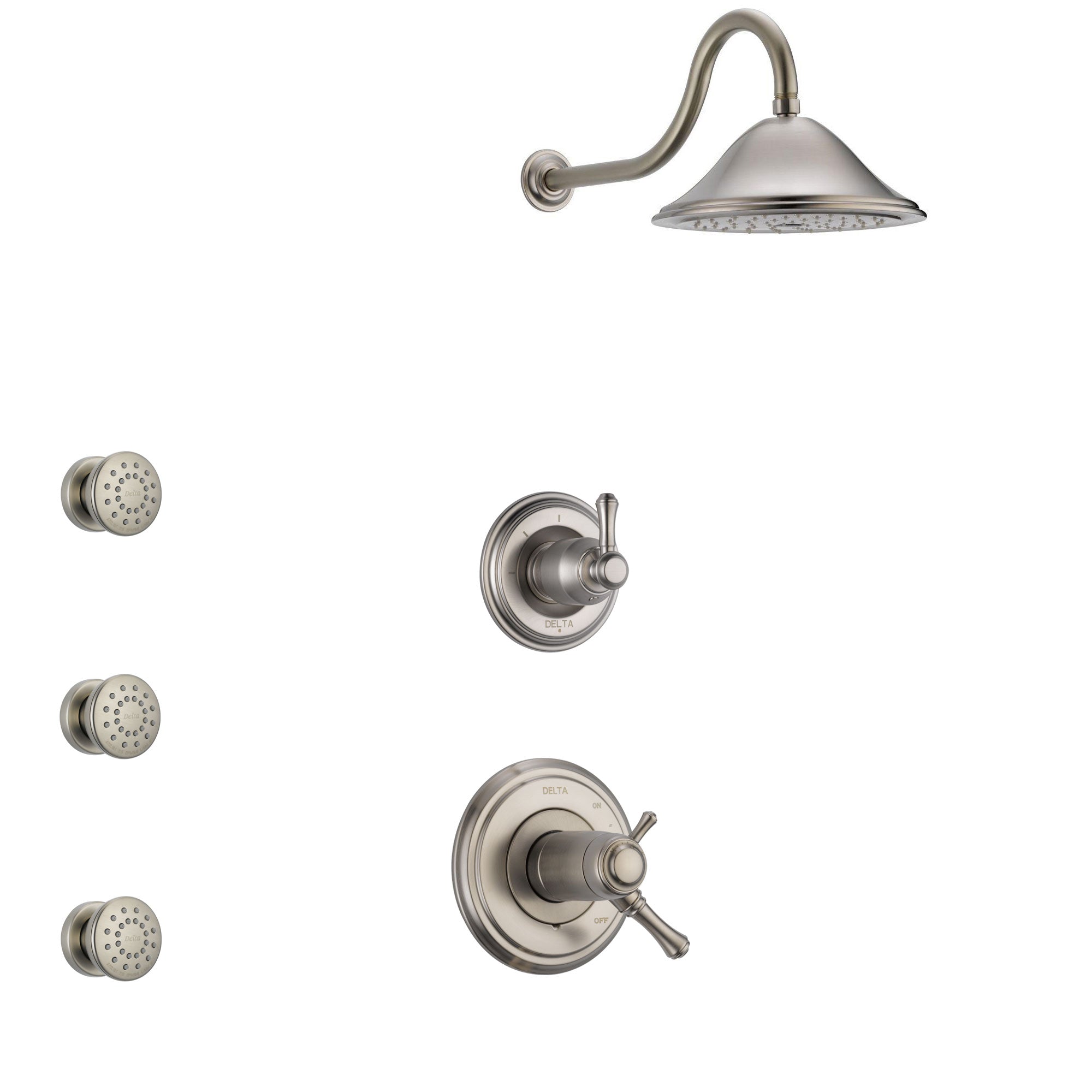 Delta Cassidy Dual Thermostatic Control Handle Stainless Steel Finish Shower System, 3-Setting Diverter, Showerhead, and 3 Body Sprays SS17T972SS5