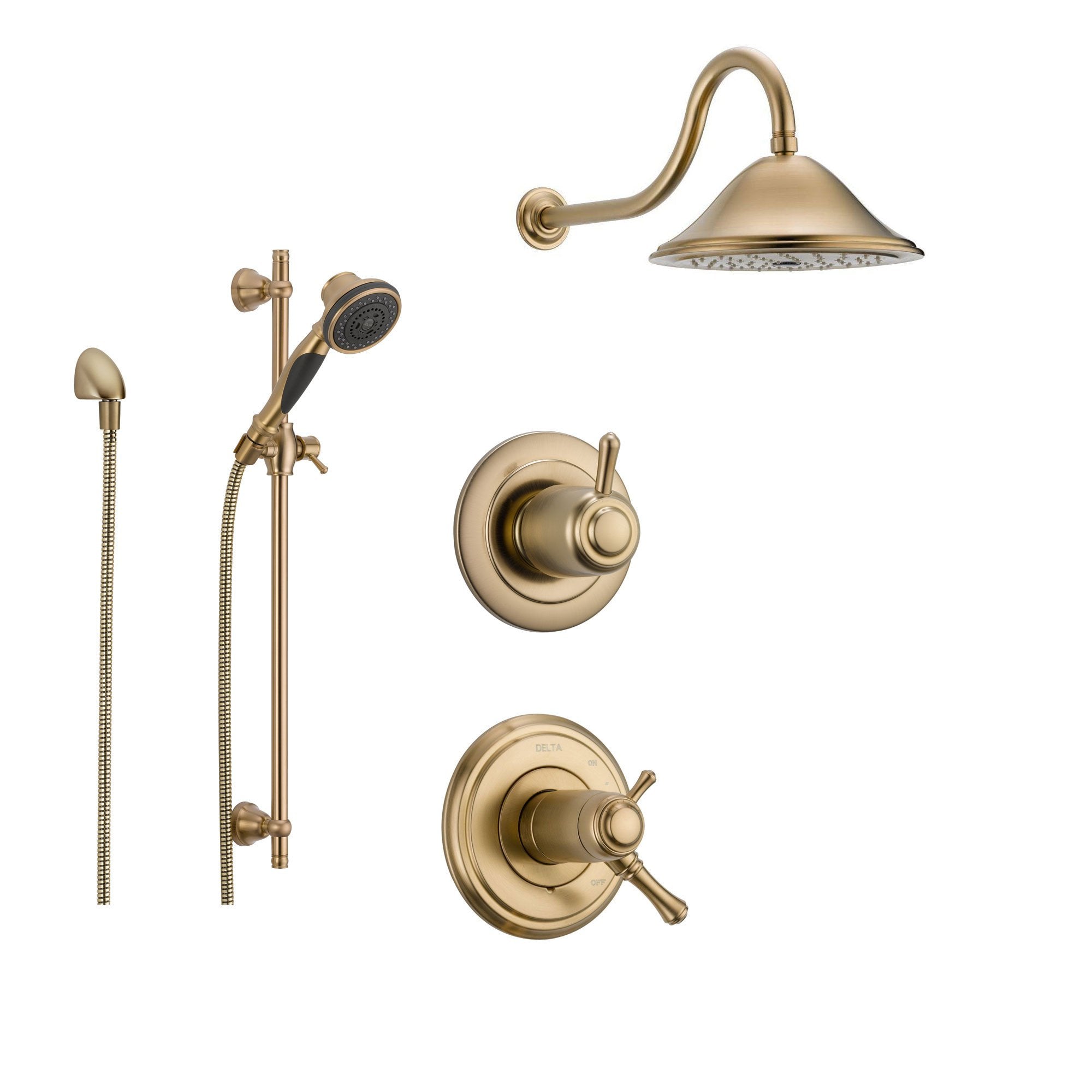 Delta Cassidy Champagne Bronze Shower System with Thermostatic Shower Handle, 3-setting Diverter, Large Rain Shower Head, and Handheld Spray SS17T9782CZ